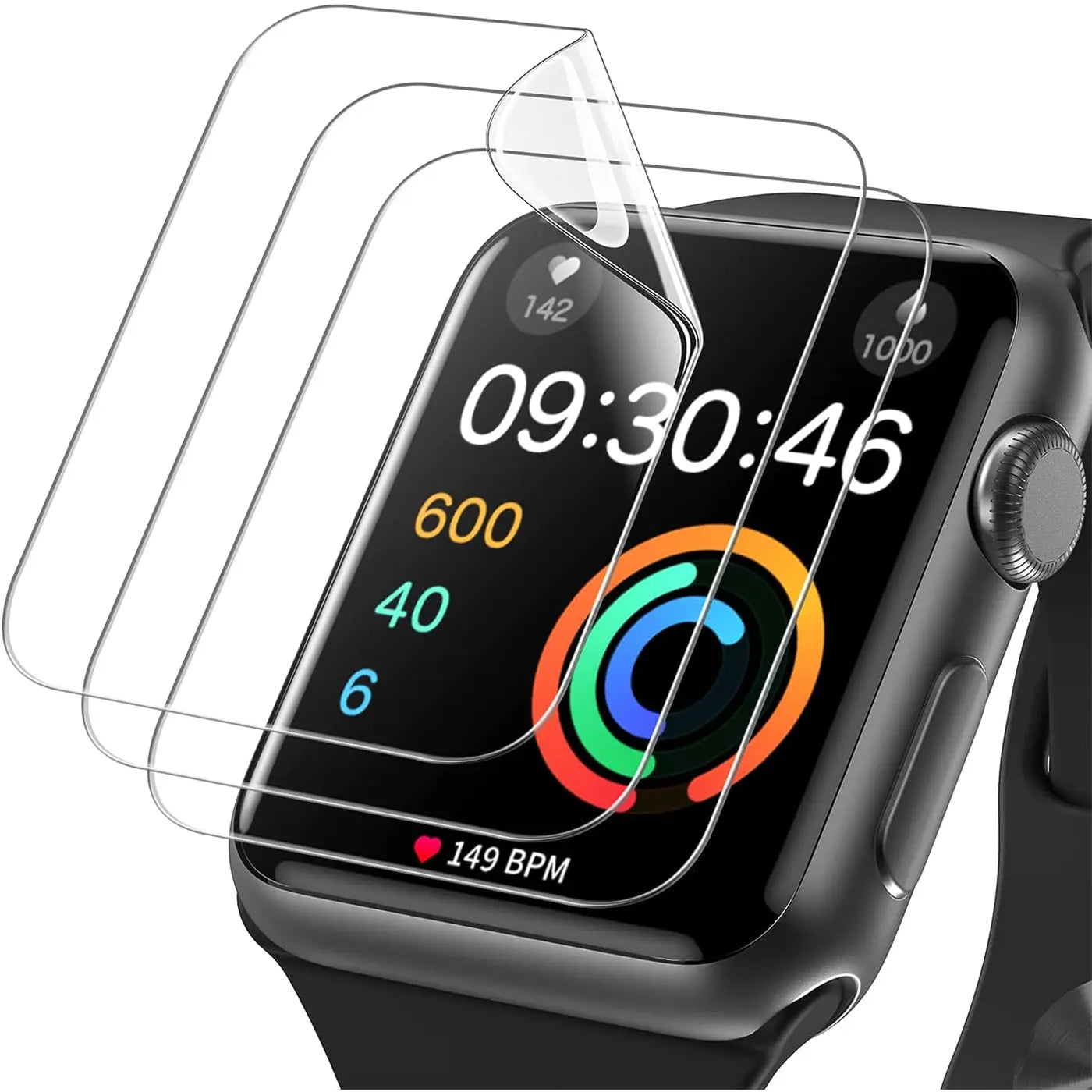 Drei transparente, glänzende Schutzfolien aus Kunststoff auf einer schwarzen Apple Watch, schräg von oben.