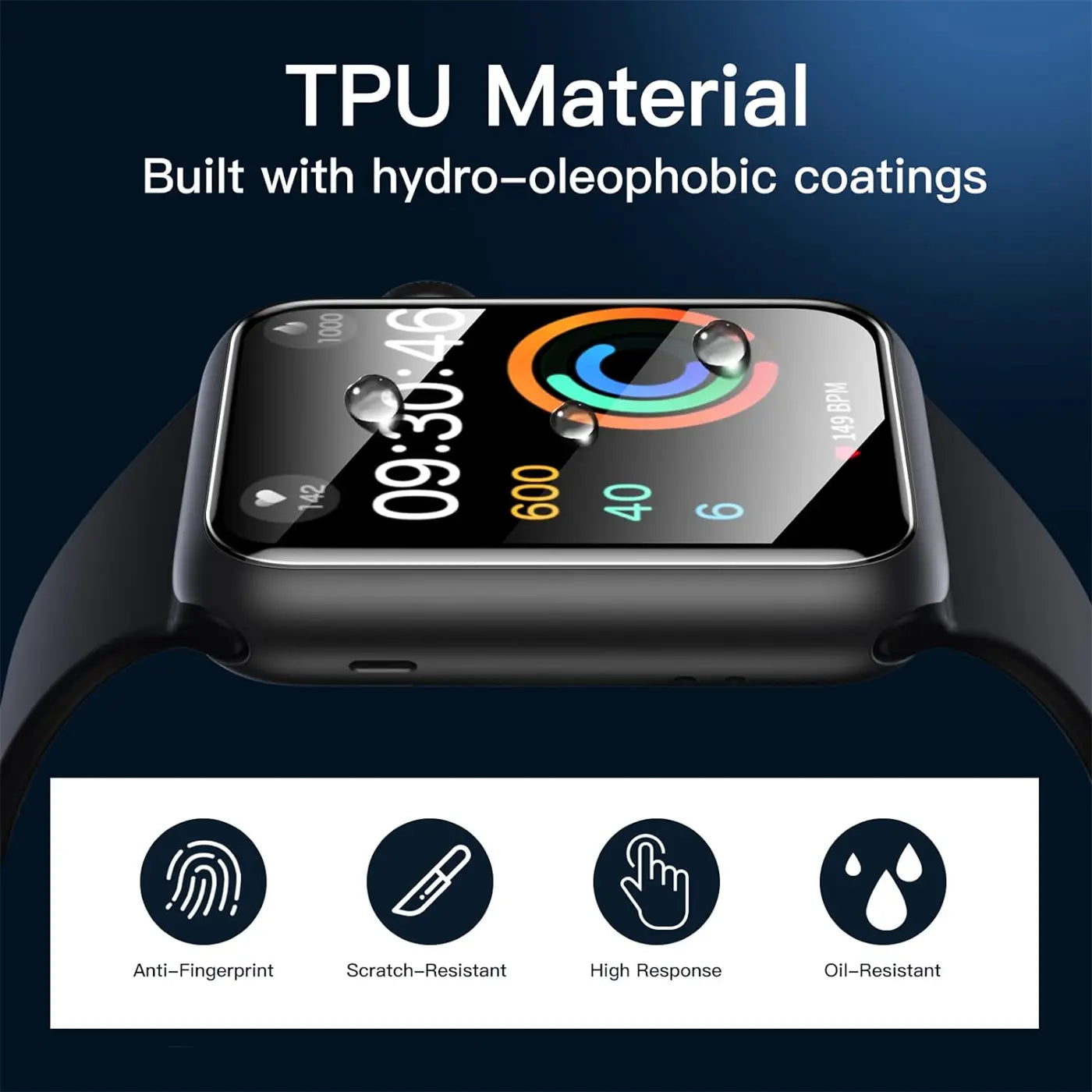 Schwarze Apple Watch mit glänzender TPU-Schutzfolie, auf der Wassertropfen und die Uhrzeit 09:30 zu sehen sind.