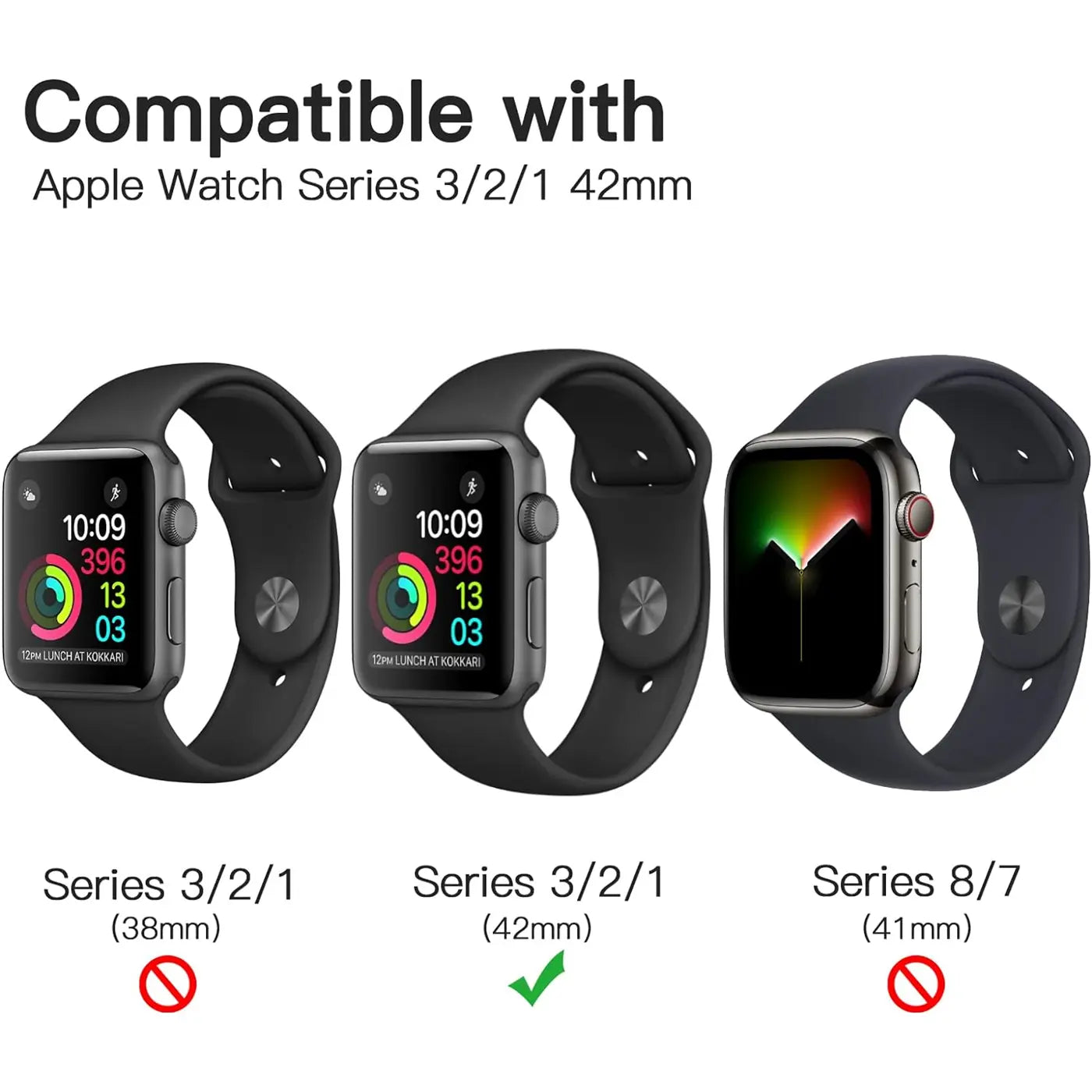Drei Apple Watches (schwarz, silber) mit Silikonarmbändern, schräg von vorne, auf Kompatibilität geprüft.
