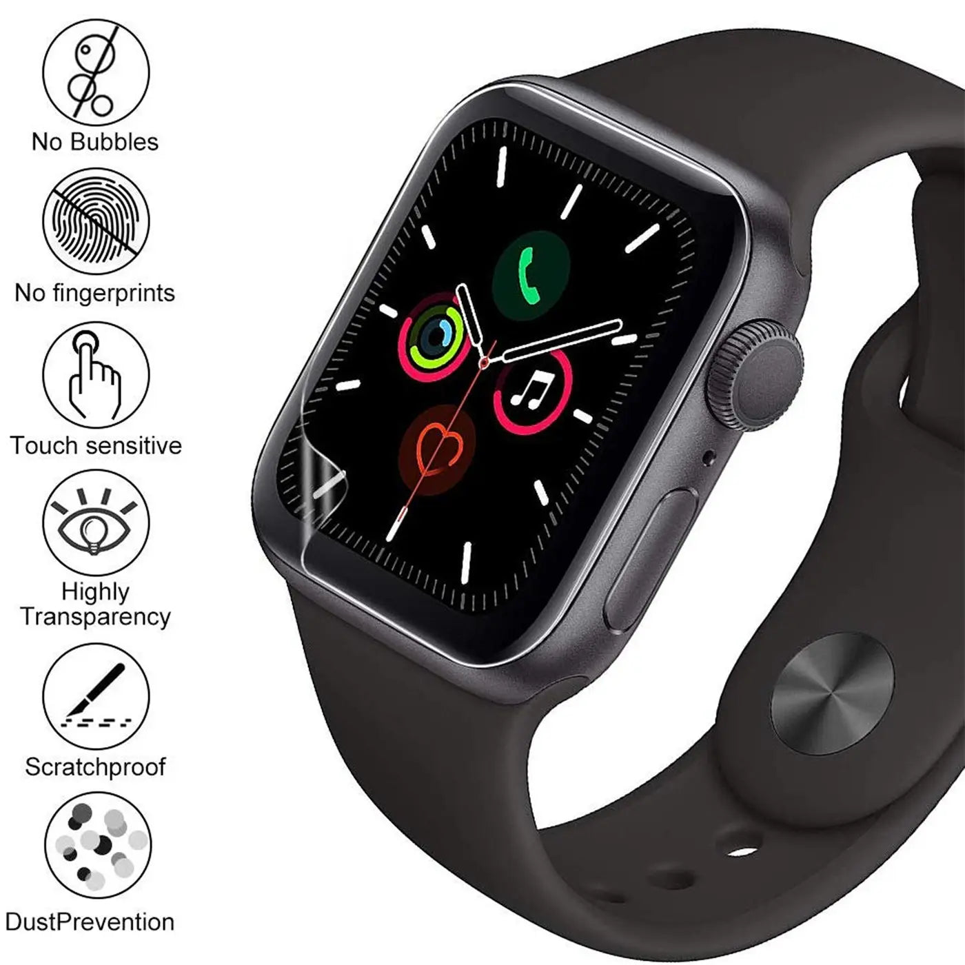 Transparente Schutzfolie auf dem Display einer schwarzen Apple Watch, schräg von oben. Links sind 6 Symbole mit Text.