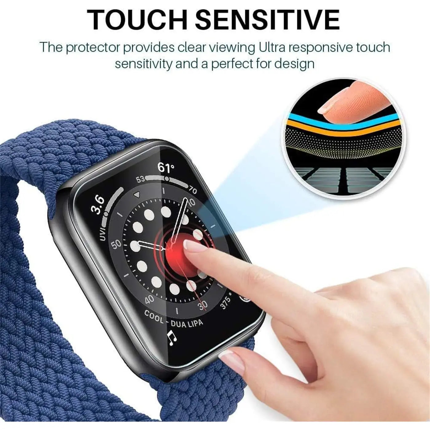 Apple Watch mit Schutzfolie, seitlich von oben. Ein Finger berührt das Display, das rot aufleuchtet.