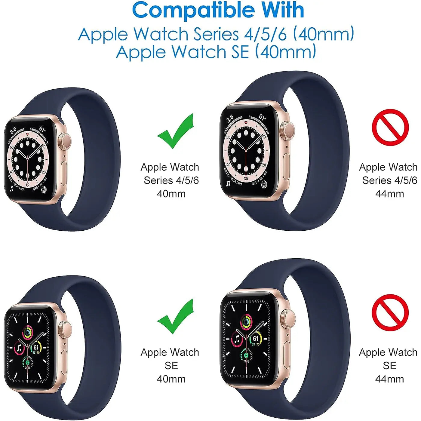 Vier goldene Apple Watches mit dunkelblauem Silikonarmband, von oben. Zwei zeigen Kompatibilität für 40mm Modelle.