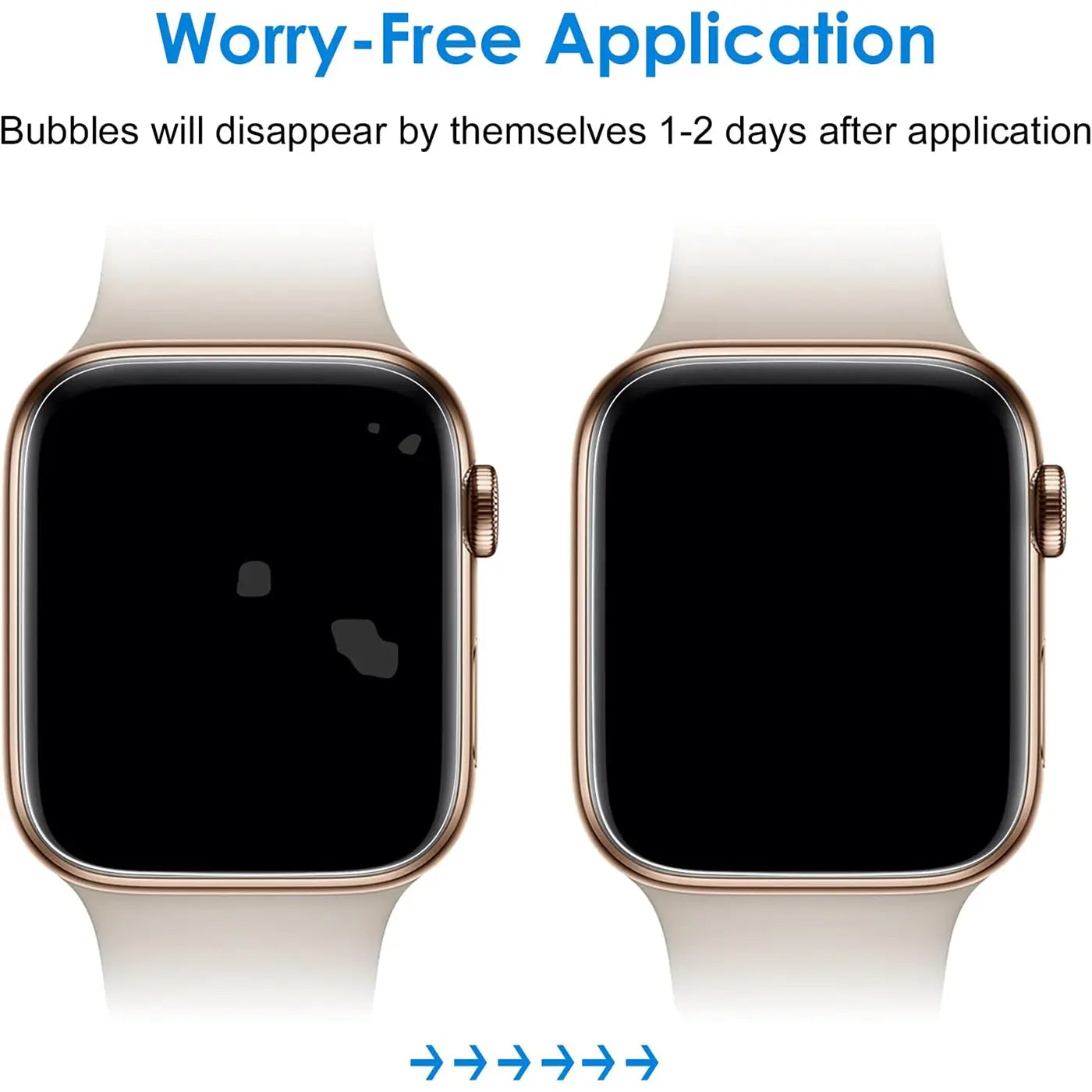 Zwei goldene Apple Watches mit beigem Armband von vorne. Links mit Luftblasen unter der Schutzfolie, rechts blasenfrei.