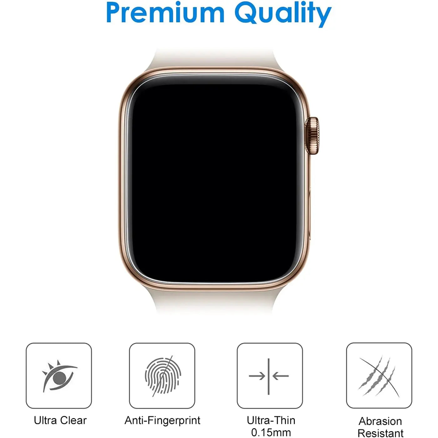 Goldene Apple Watch von vorne mit schwarzem Display, darüber "Premium Quality", darunter 4 Icons mit Eigenschaften.