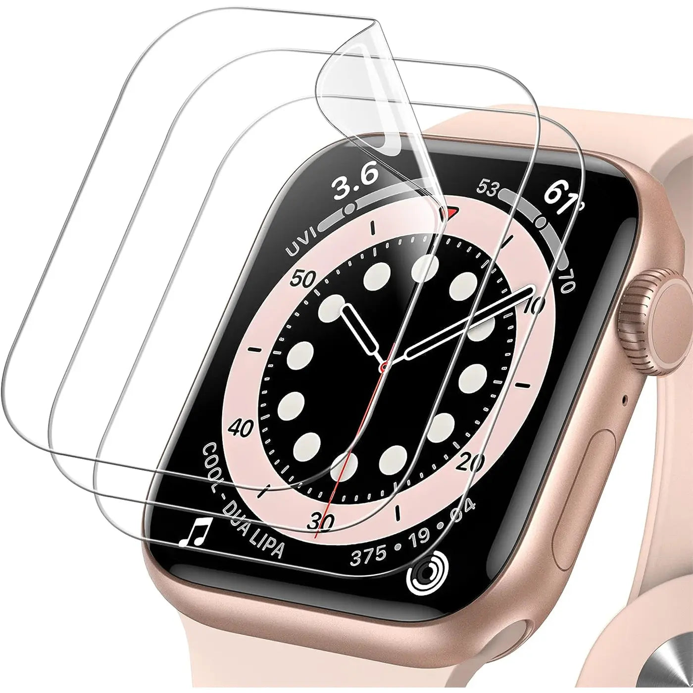 Zwei transparente Schutzfolien aus Kunststoff auf einer roségoldenen Apple Watch, schräg von oben.