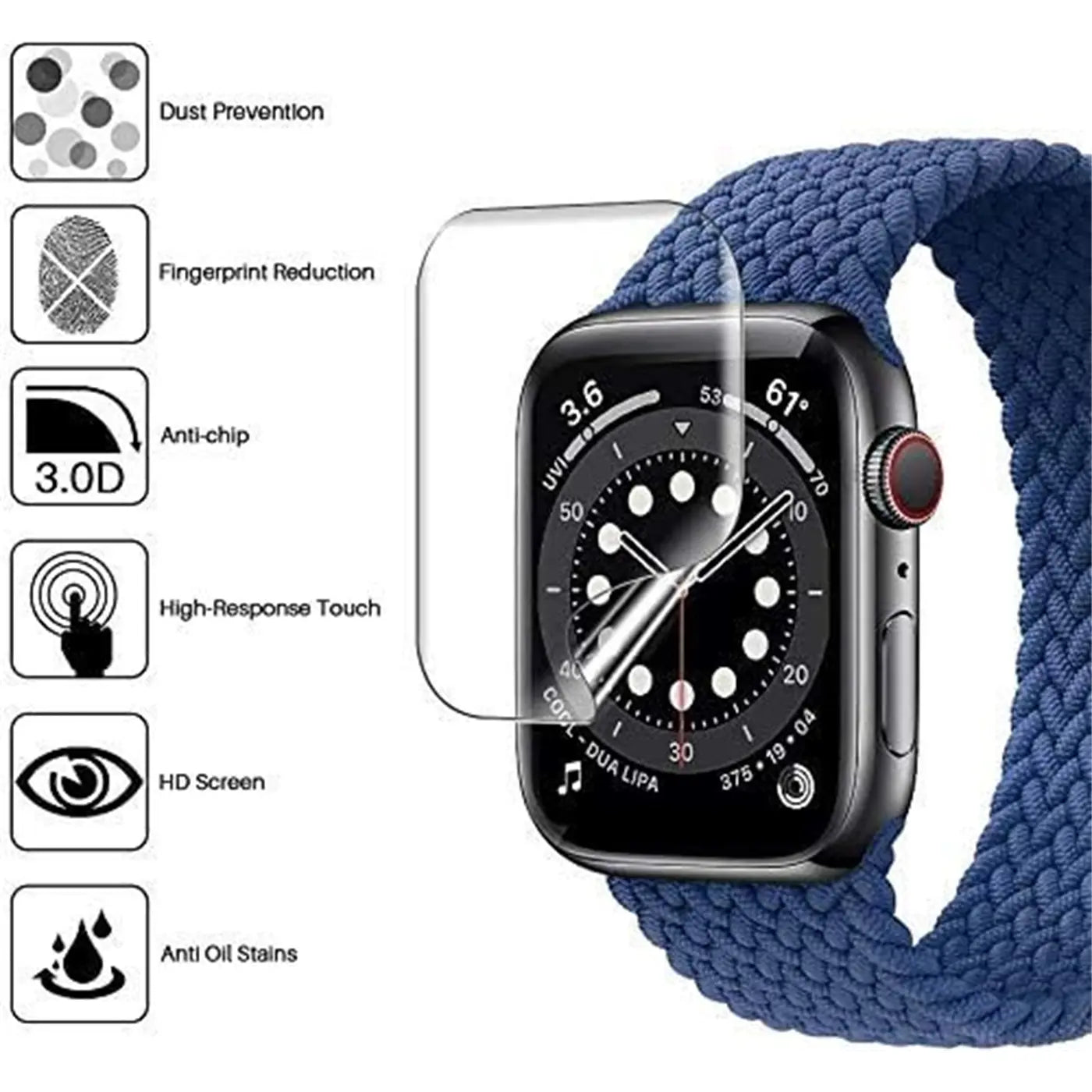 Transparente Schutzfolie auf schwarzer Apple Watch mit blauem Armband. Links Icons mit Eigenschaften der Folie.