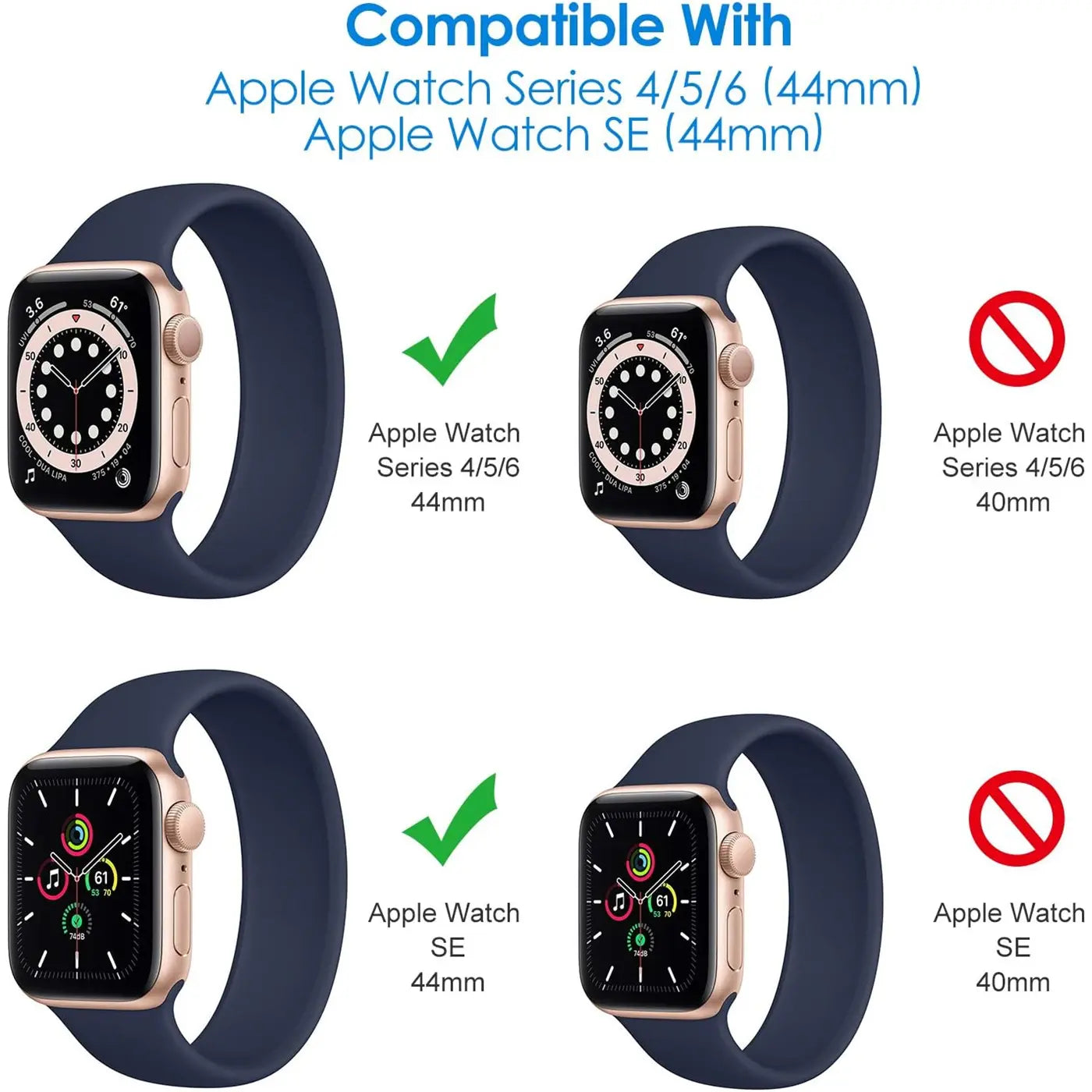 Vier goldene Apple Watches mit dunkelblauem Silikonarmband, von oben, zeigen Kompatibilität mit 44mm Modellen.