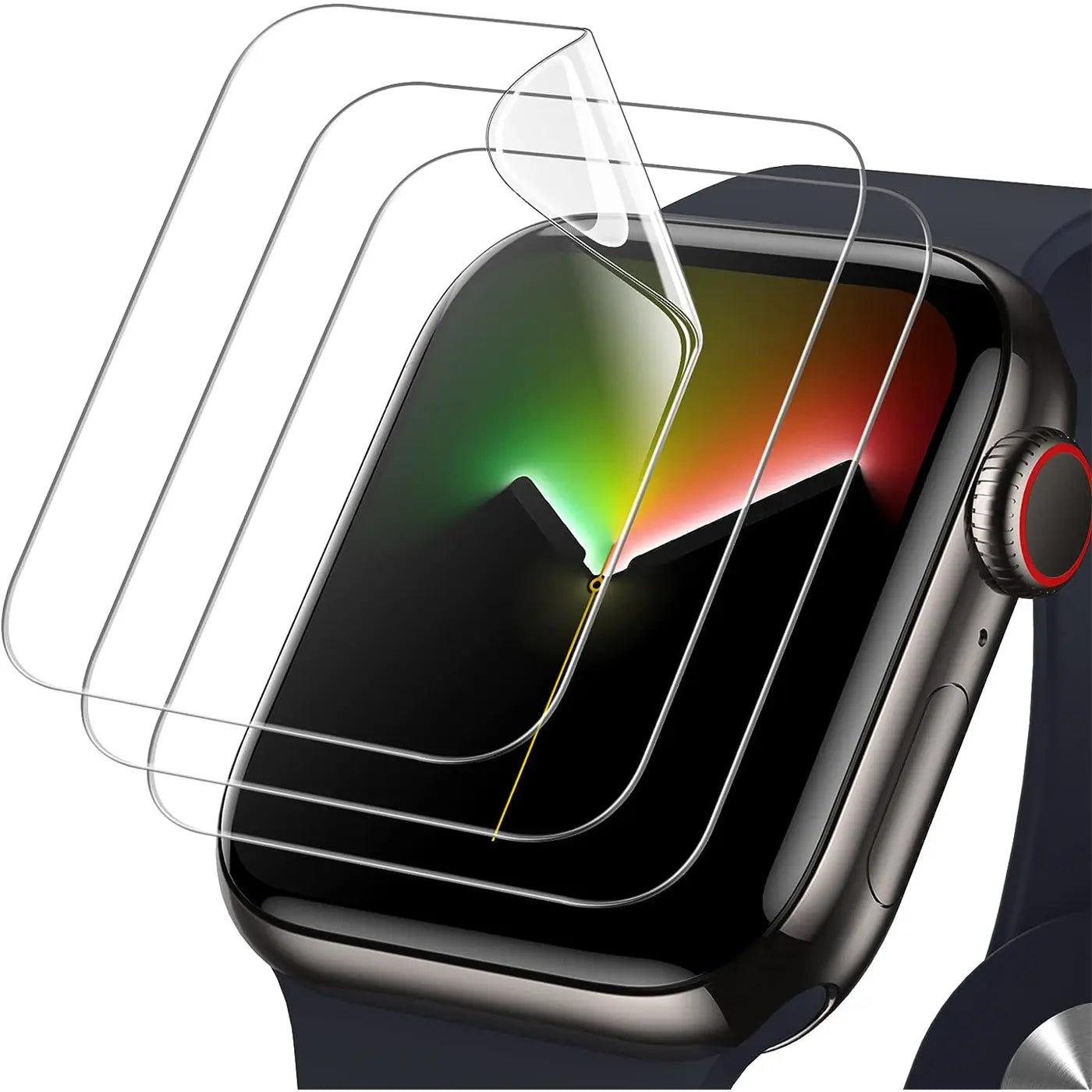 Drei transparente, glänzende Schutzfolien aus Kunststoff auf einer dunklen Apple Watch mit blauem Armband, schräg von oben.