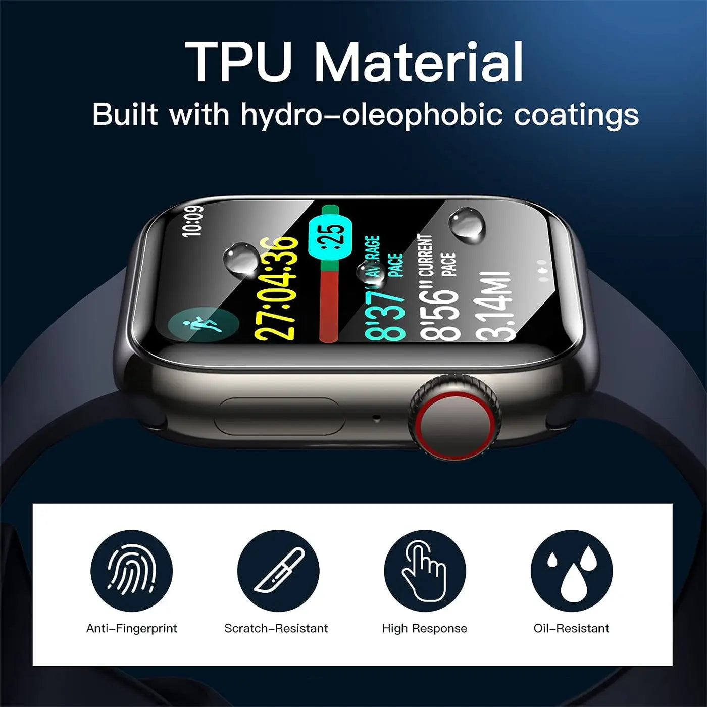 Silberne Apple Watch mit schwarzem Armband, schräg von oben. Auf dem Display sind Wassertropfen und Fitnessdaten.