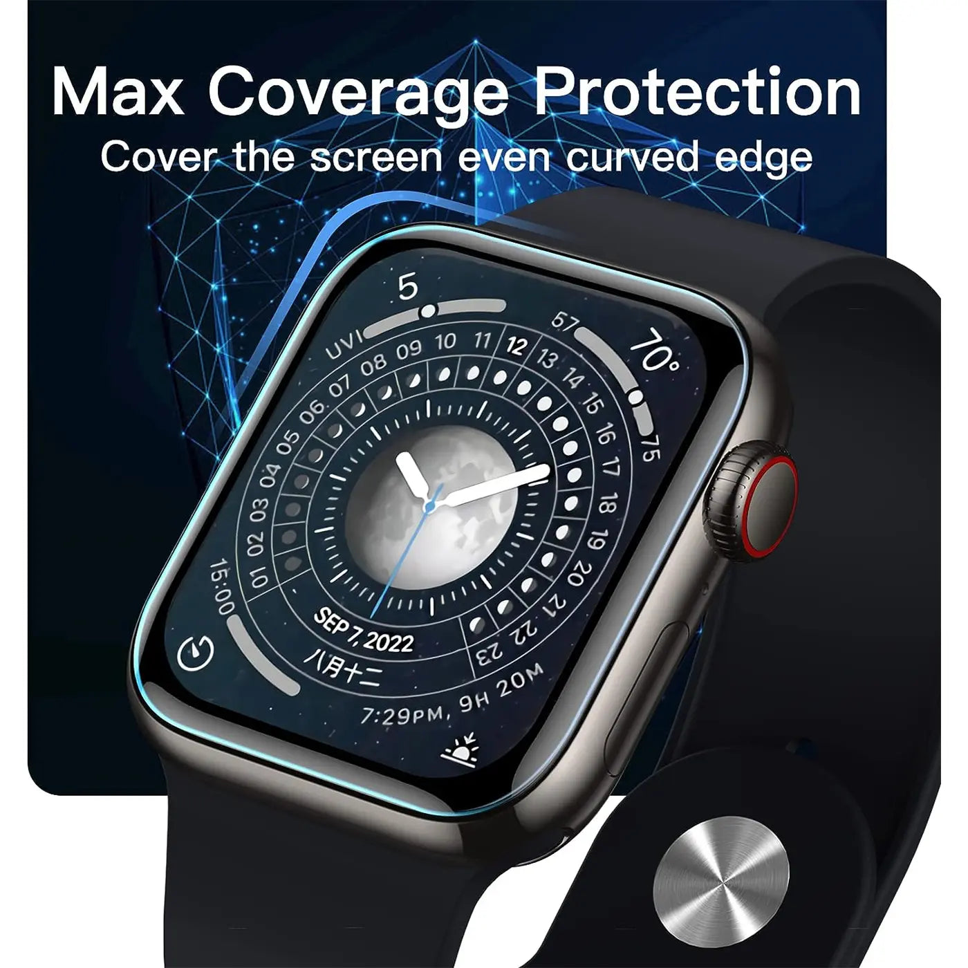 Nahaufnahme einer schwarzen Apple Watch mit glänzender, klarer Schutzfolie auf dem Display, schräg von oben.