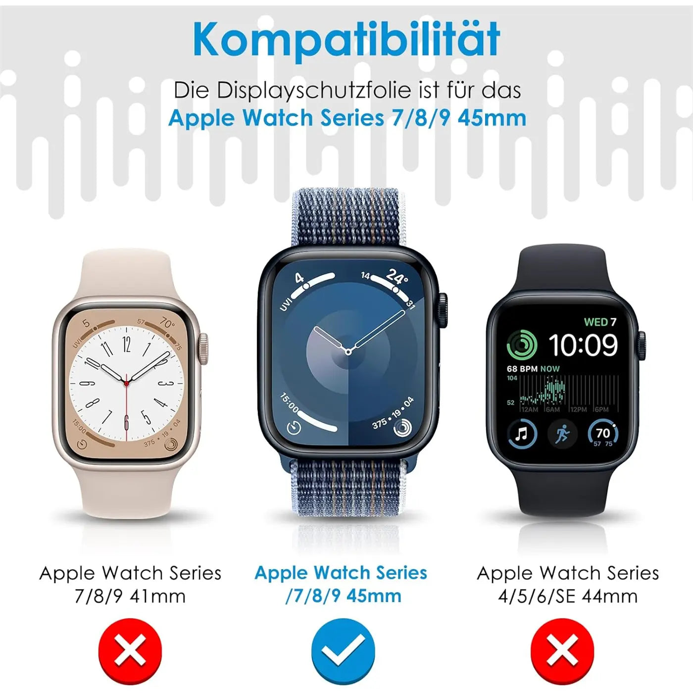 Drei Apple Watches: links beige 41mm, mitte blau 45mm, rechts schwarz 44mm. Zeigt Kompatibilität der Folie.