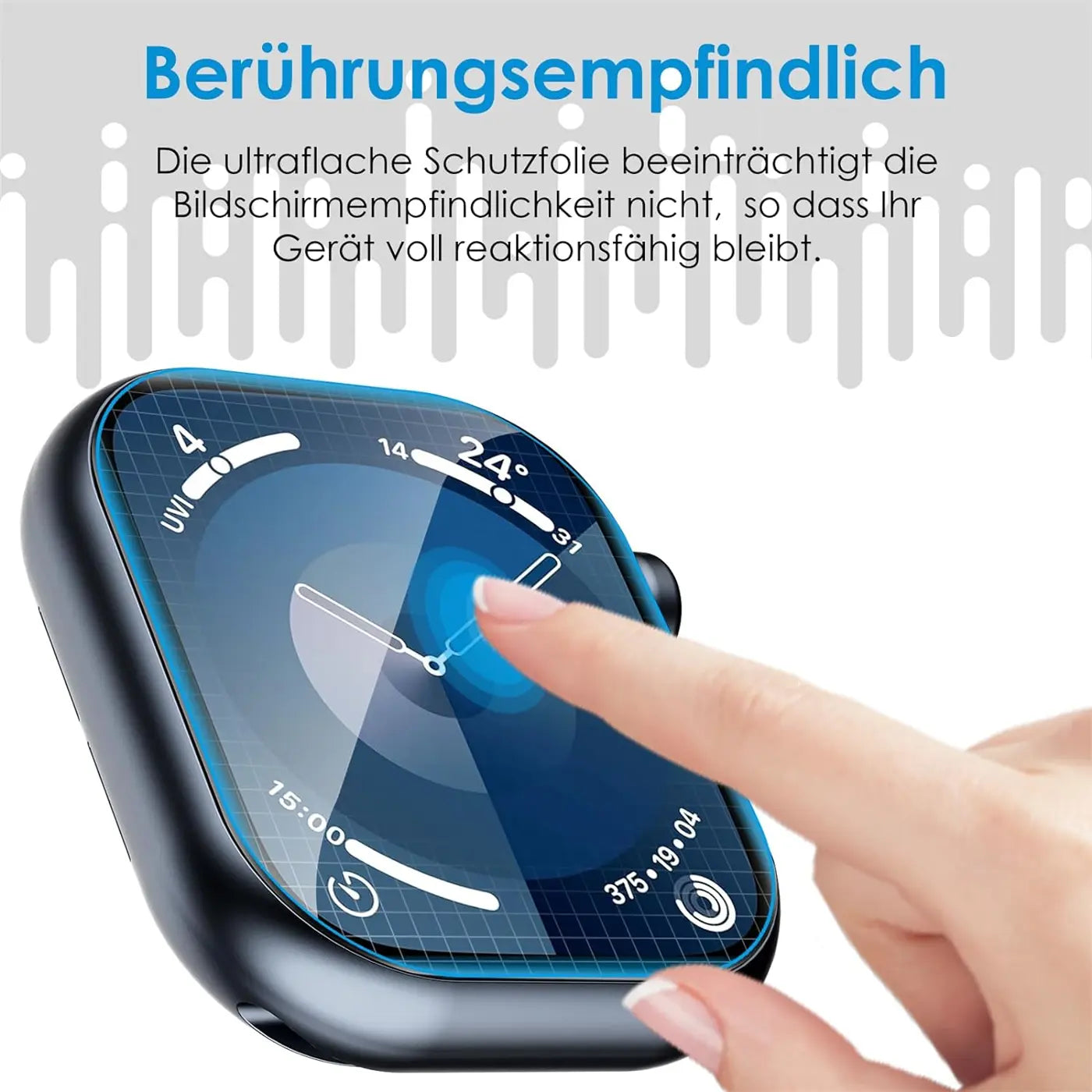 Nahaufnahme einer schwarzen Apple Watch mit blauer Schutzfolie, ein Finger tippt auf das Display.