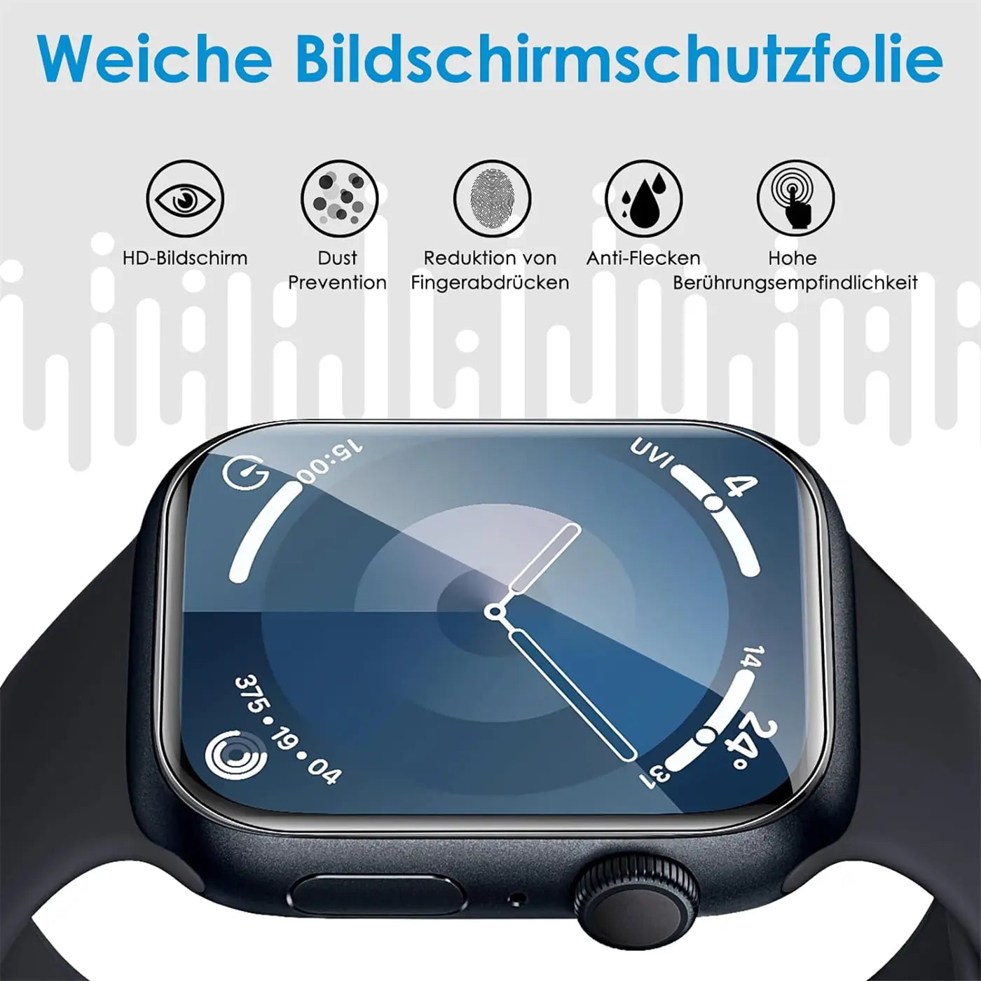Schwarze Apple Watch mit glänzender Schutzfolie auf dem Display, schräg von oben.