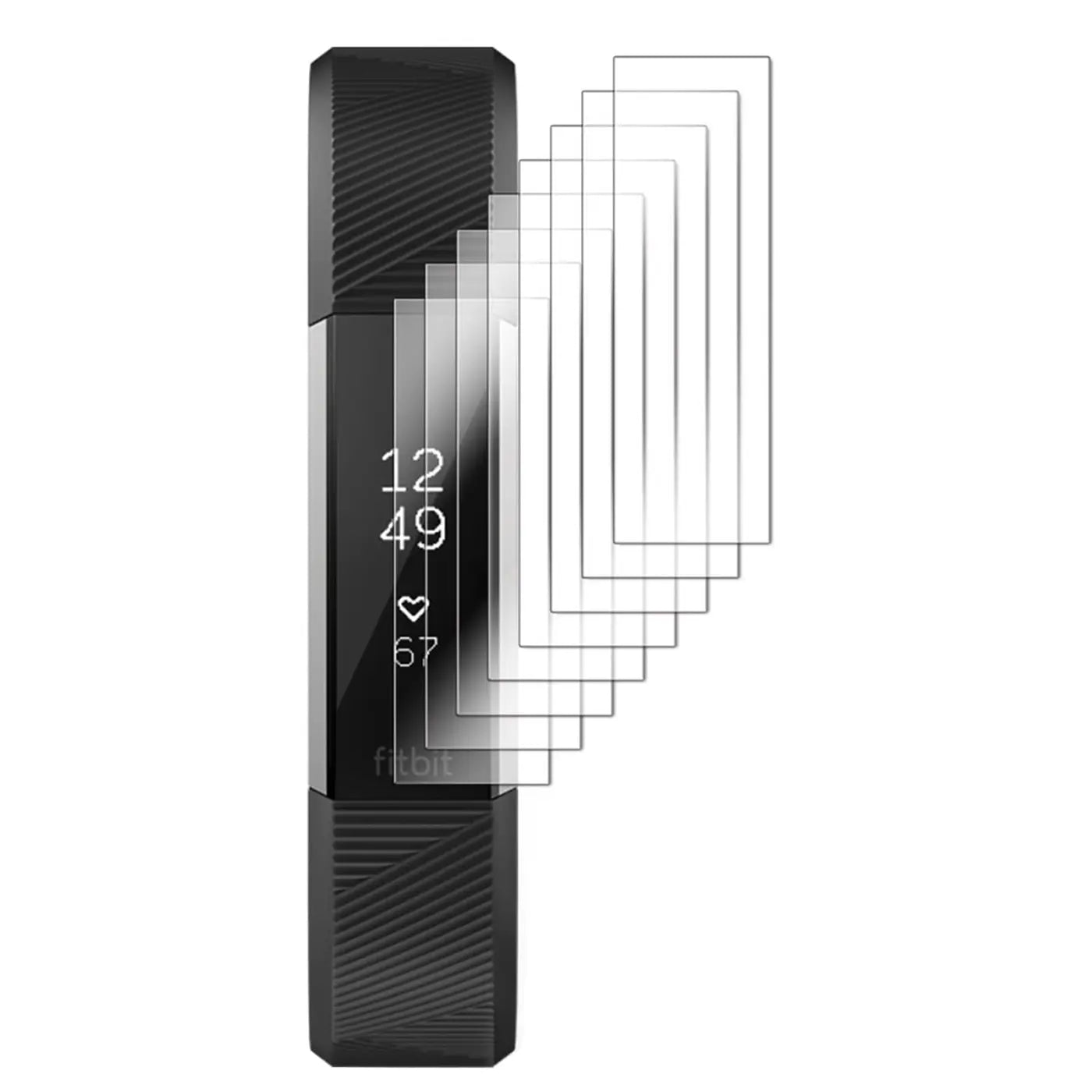 Schwarzer Fitbit Tracker mit Display, daneben 6 transparente Schutzfolien, schräg von oben.