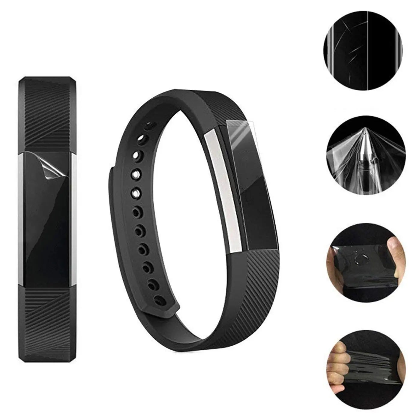 Schutzfolie auf schwarzem Fitbit-Armband, Frontalansicht. Rechts: Details der transparenten, flexiblen Folie.