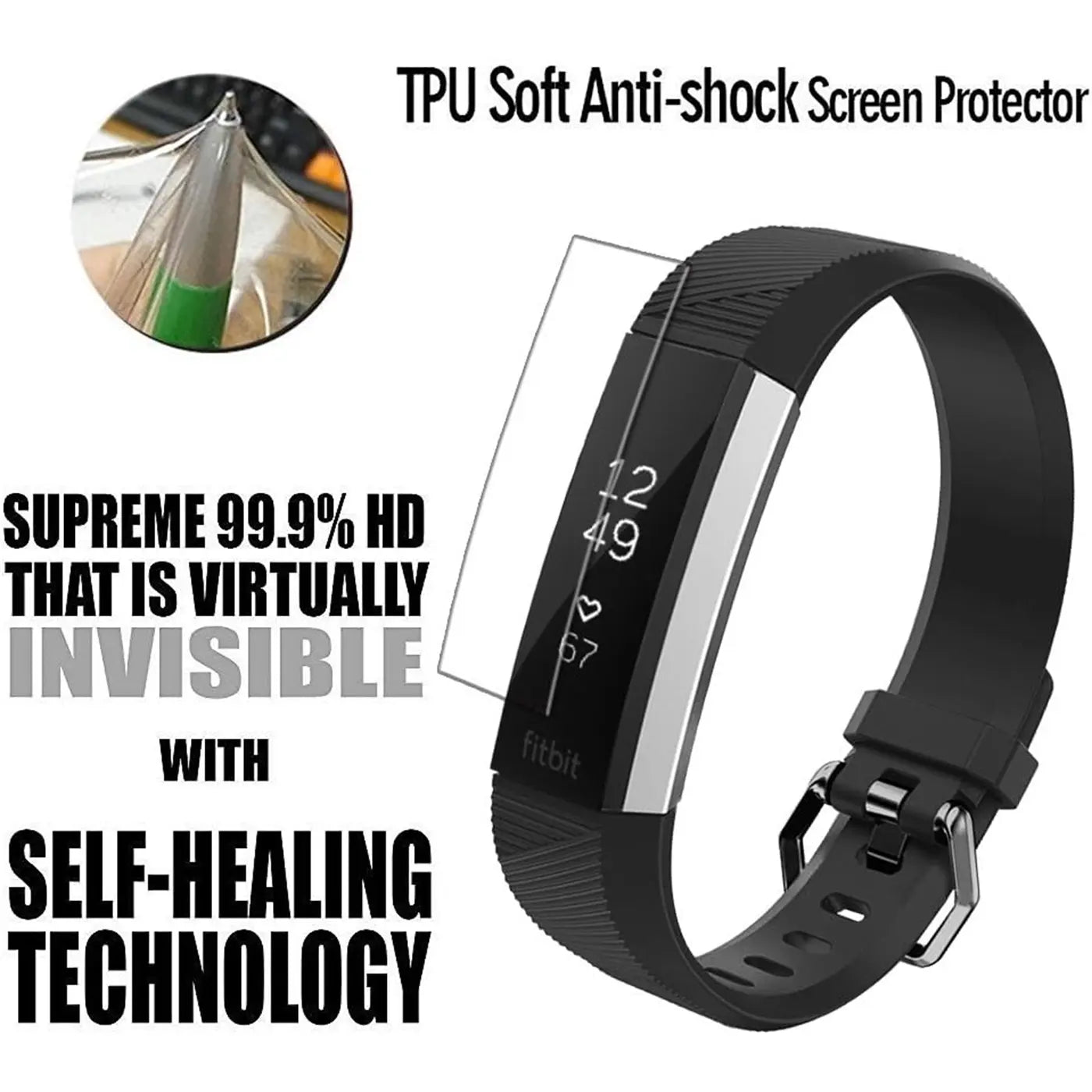Schwarzes Fitbit-Armband mit silberner Schnalle, von oben rechts gesehen. Eine transparente Schutzfolie ist über dem Display.