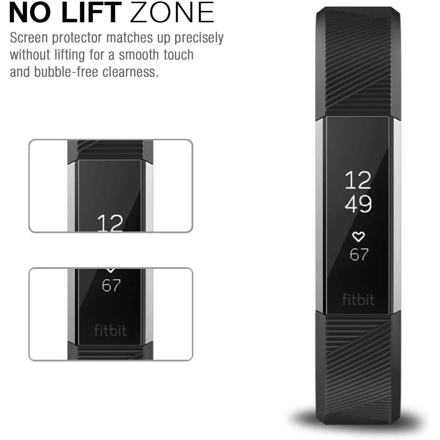 Schwarzer Fitbit Tracker mit Display von vorne, zeigt Uhrzeit und Herzfrequenz. Zwei Detailansichten des Displays.