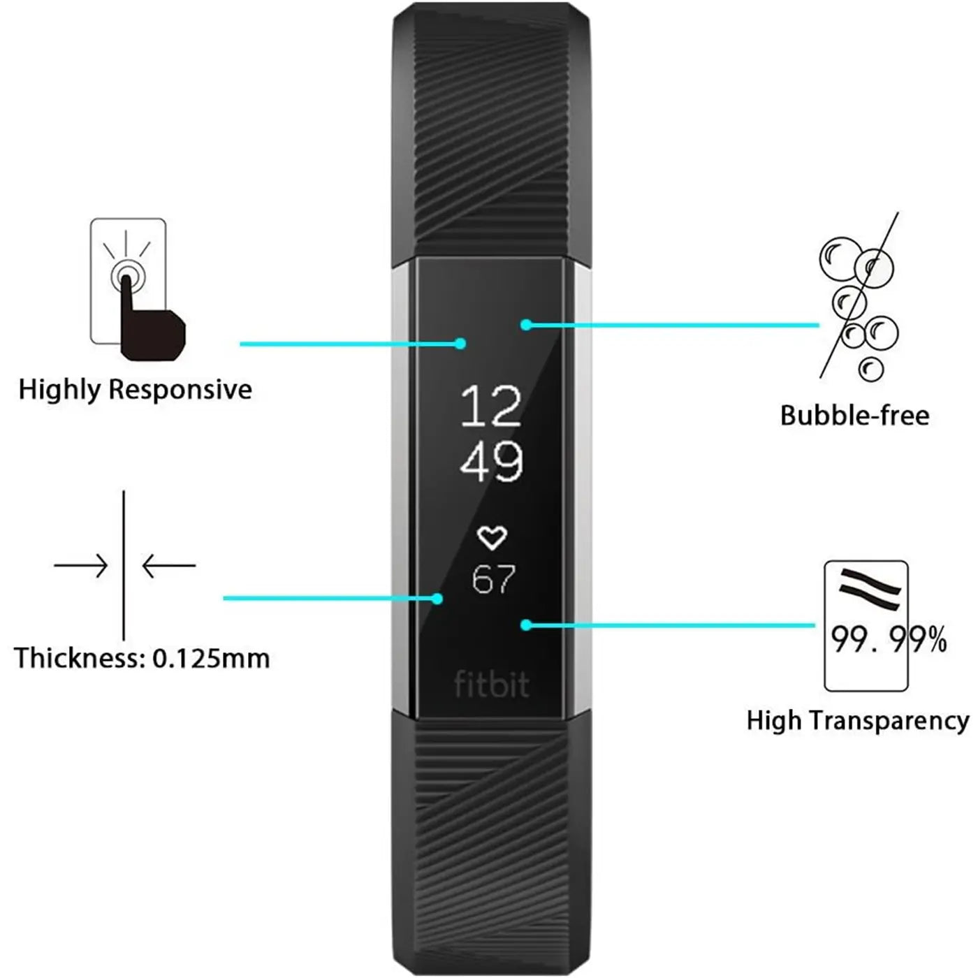 Schwarzer Fitbit Fitness-Tracker, frontal, mit blauen Linien zu Symbolen für Schutzfolien-Eigenschaften: reaktionsschnell.