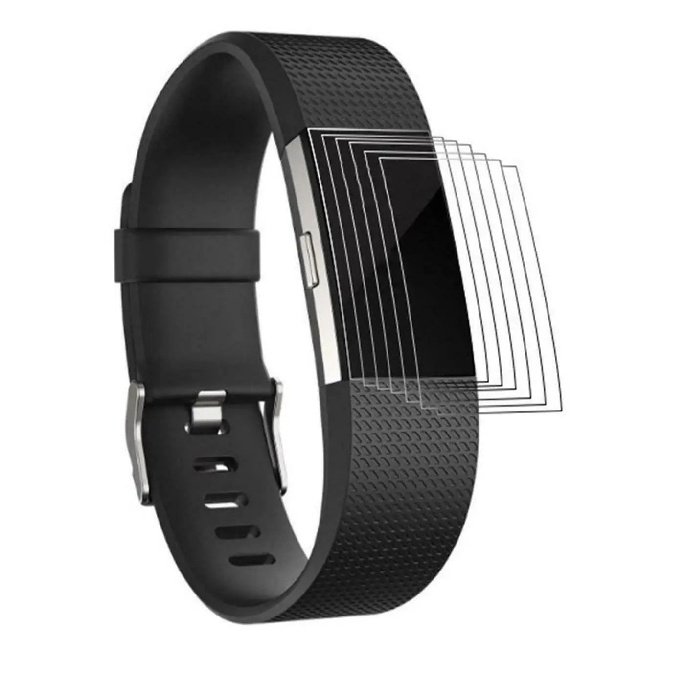 Schwarzes Fitbit Fitnessarmband mit silberner Schnalle und 6 transparenten Schutzfolien, die vom Display abstehen.