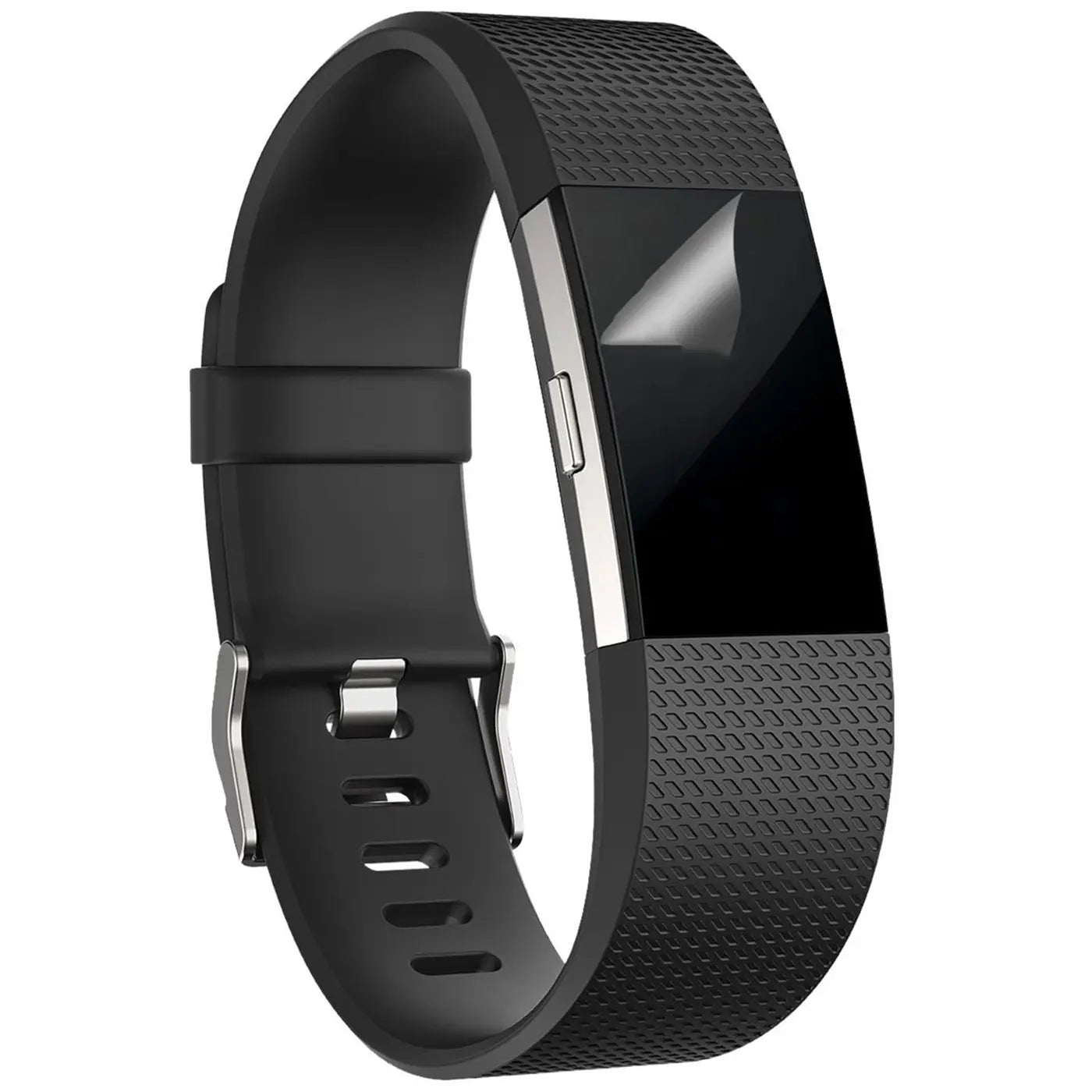 Schwarze Fitbit mit Display-Schutzfolie, die sich oben rechts leicht ablöst, schräg von vorne.