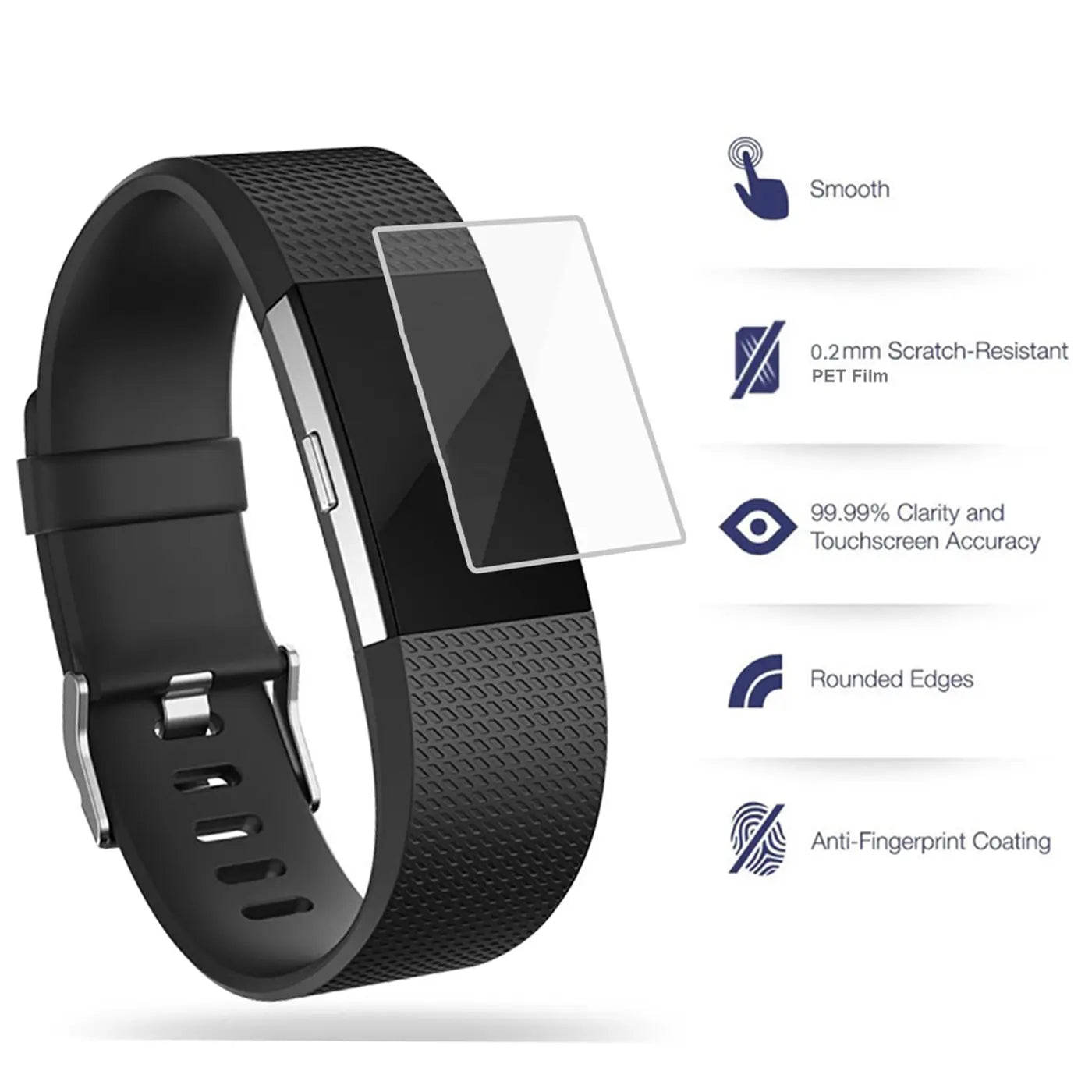 Transparente PET-Schutzfolie schwebt über dem Display einer schwarzen Fitbit Charge 2 Smartwatch, schräg von oben.