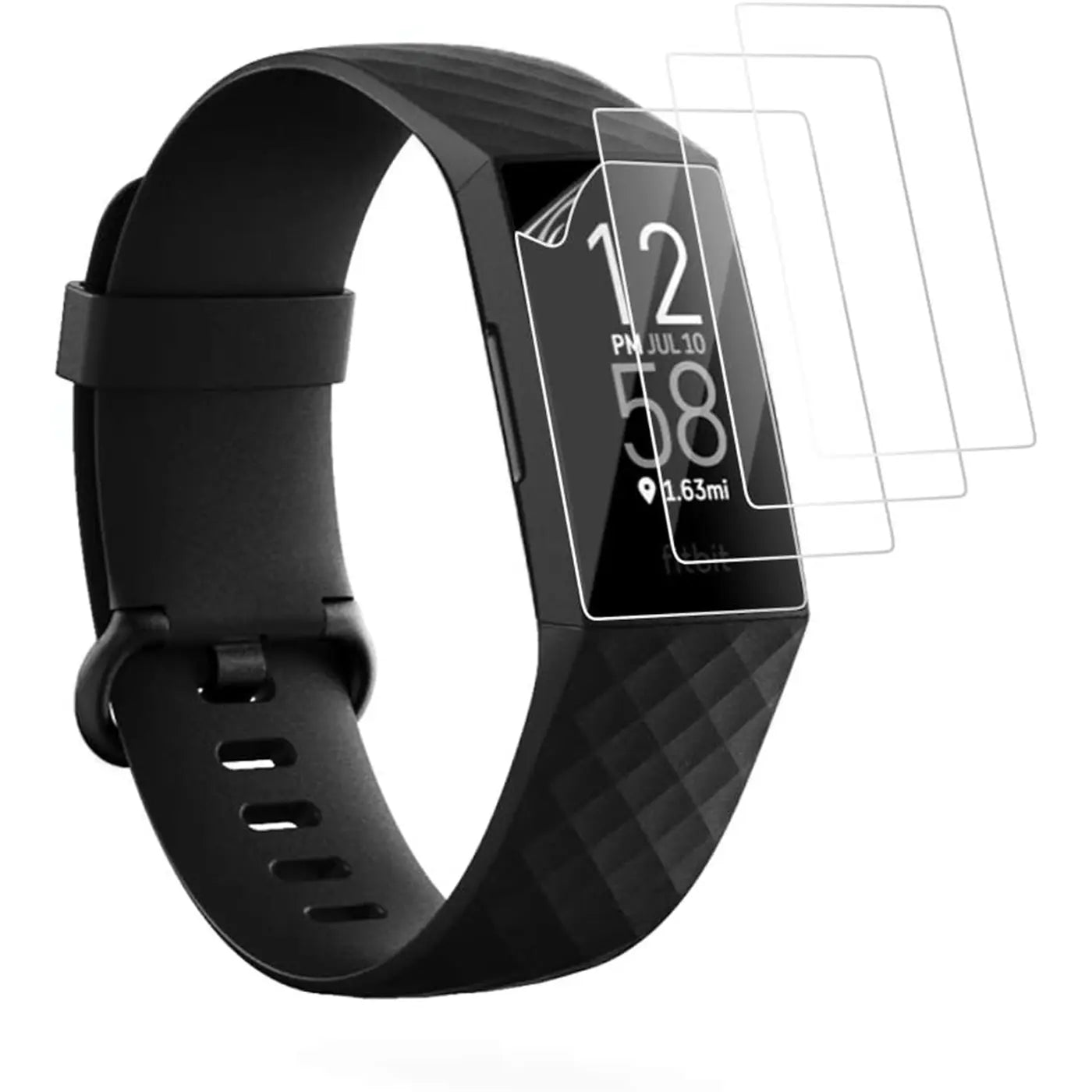 Schwarze Fitbit Charge 5 Smartwatch mit drei transparenten Schutzfolien aus Kunststoff, schräg von vorne.