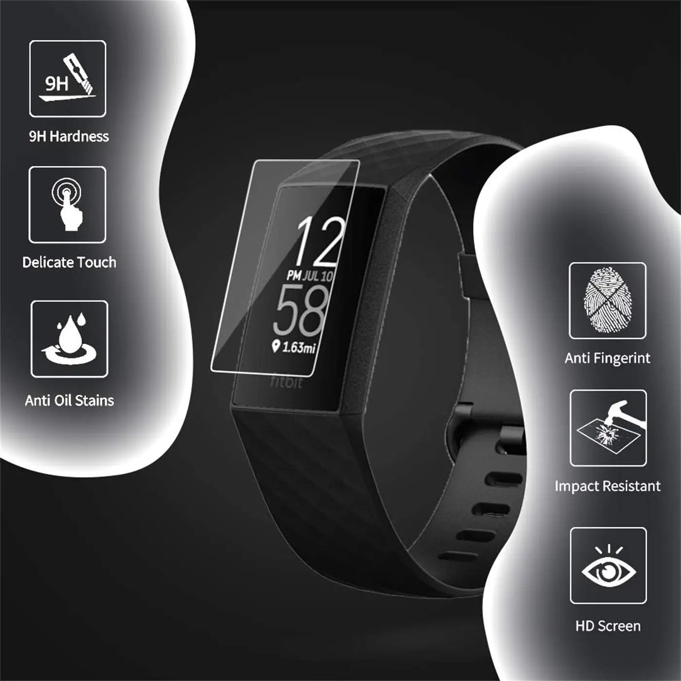 Transparente Schutzfolie für Fitbit Smartwatch, schräg von oben, mit Infografiken zu Härte und Funktionen.