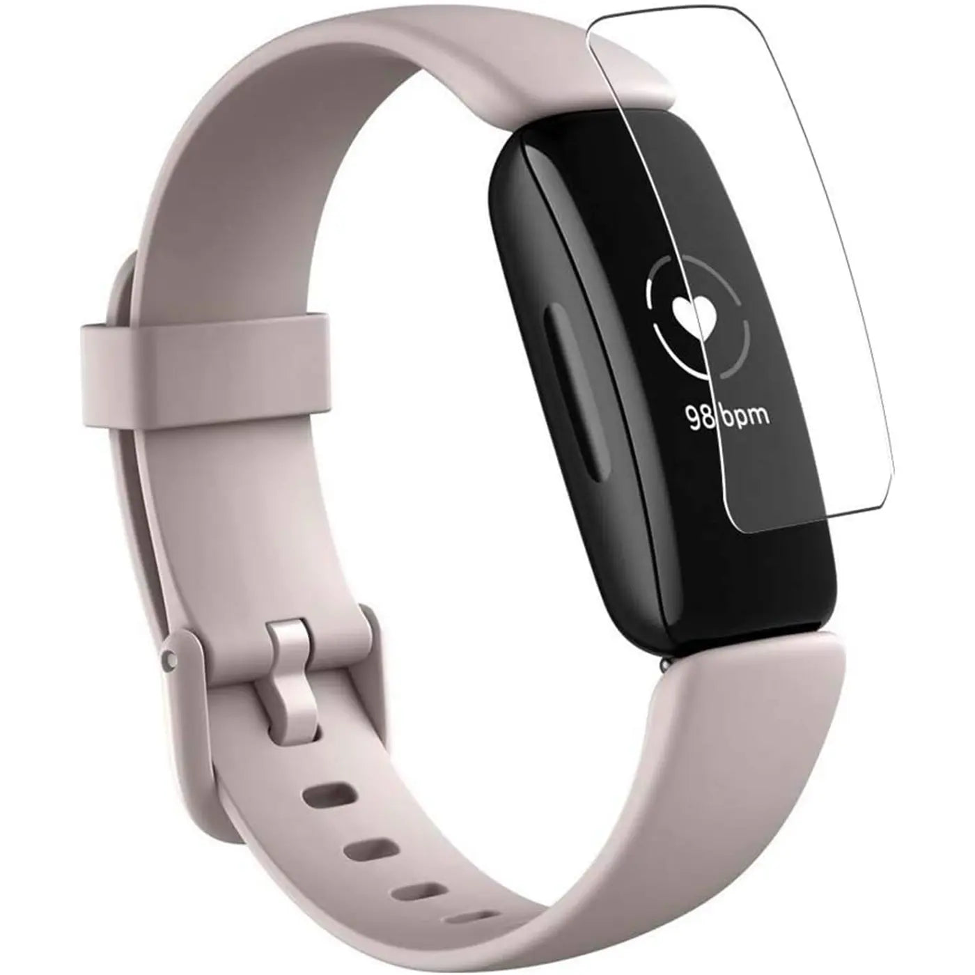 Transparente Schutzfolie über dem Display einer schwarzen Fitbit Inspire 3 mit beigem Silikonarmband, schräg von oben.