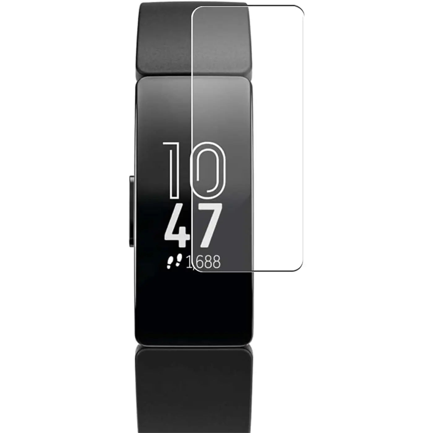 Schwarzer Fitbit Tracker mit digitaler Anzeige, daneben eine transparente, rechteckige Schutzfolie aus Kunststoff.