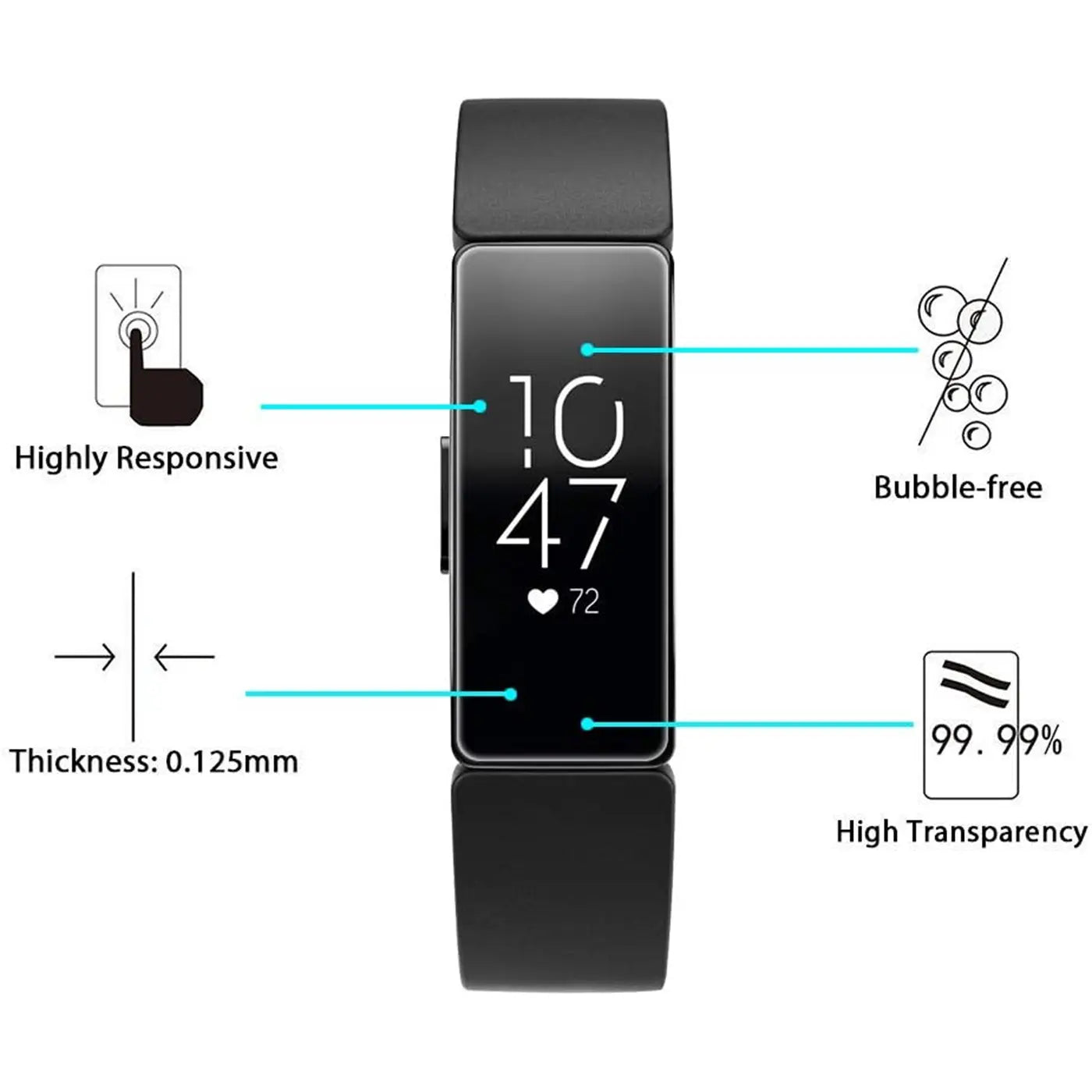 Schwarzer Fitbit Tracker von vorne, mit blauen Linien zu Symbolen für Schutzfolien-Eigenschaften: reaktionsschnell.
