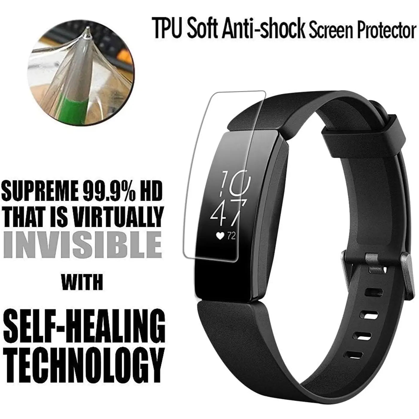 Transparente TPU-Schutzfolie für Fitbit Inspire, schräg von vorne über dem Display schwebend.