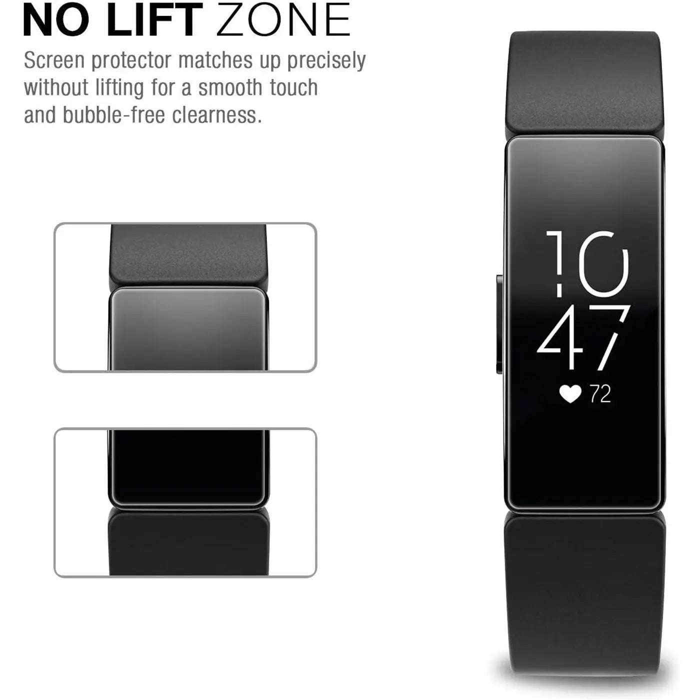 Schwarze Fitbit Smartwatch mit Display-Schutzfolie, frontal. Links Detailansichten der Folienpassform.