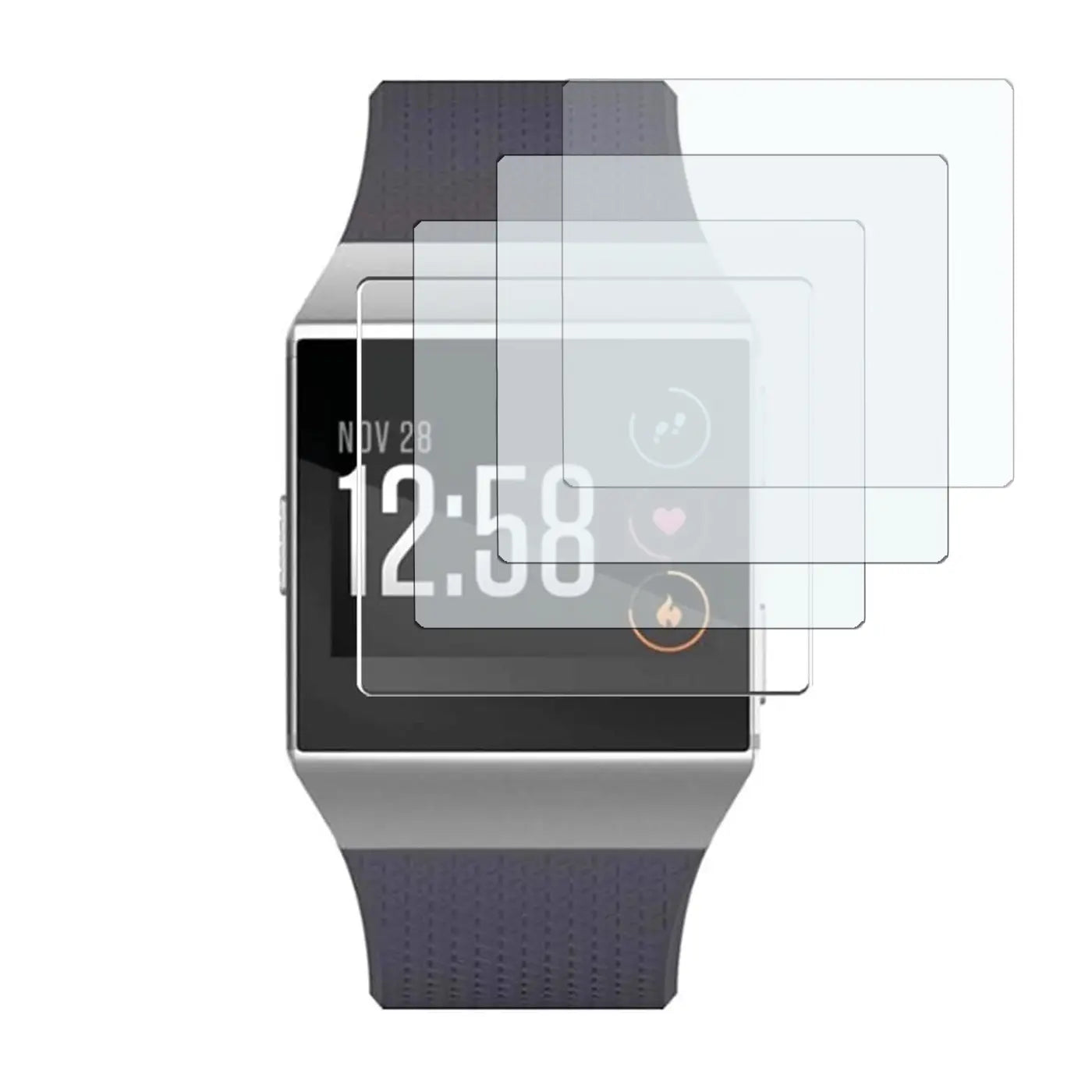 Fitbit Smartwatch mit 6 transparenten, rechteckigen Schutzfolien aus Kunststoff, schräg von oben rechts.