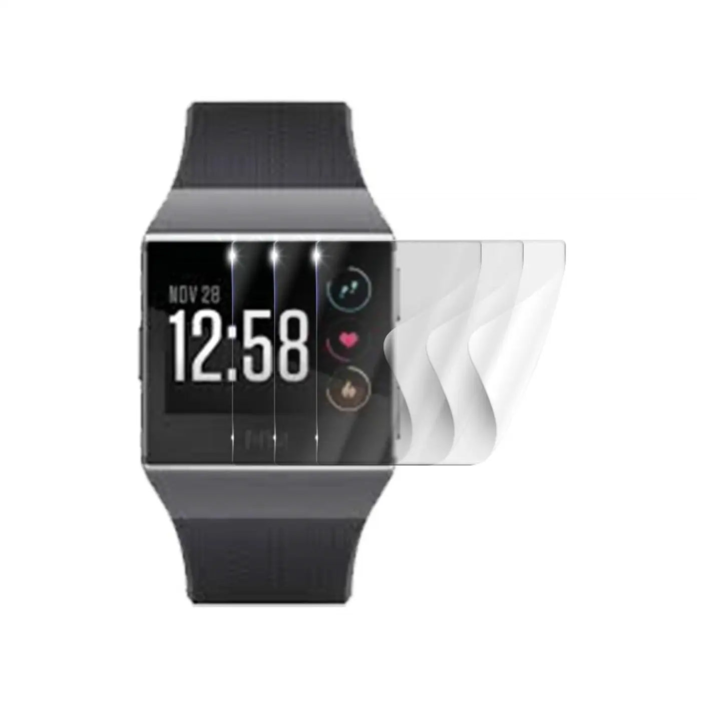 Fitbit Smartwatch mit schwarzem Armband, von vorne. Rechts sind 6 transparente, sich überlappende Schutzfolien abgebildet.