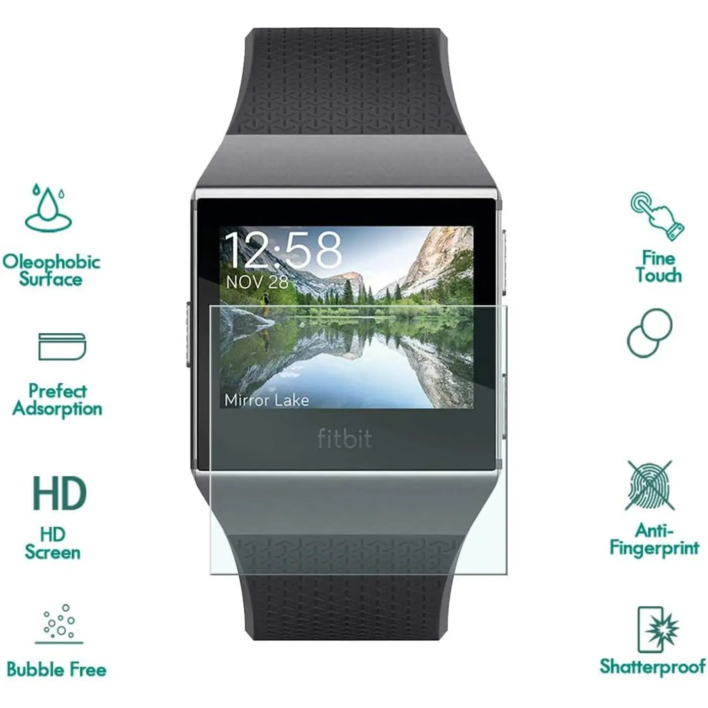 Transparente Schutzfolie auf schwarzer Fitbit Smartwatch, Vorderansicht. Folie bedeckt Display und Teile des Gehäuses.