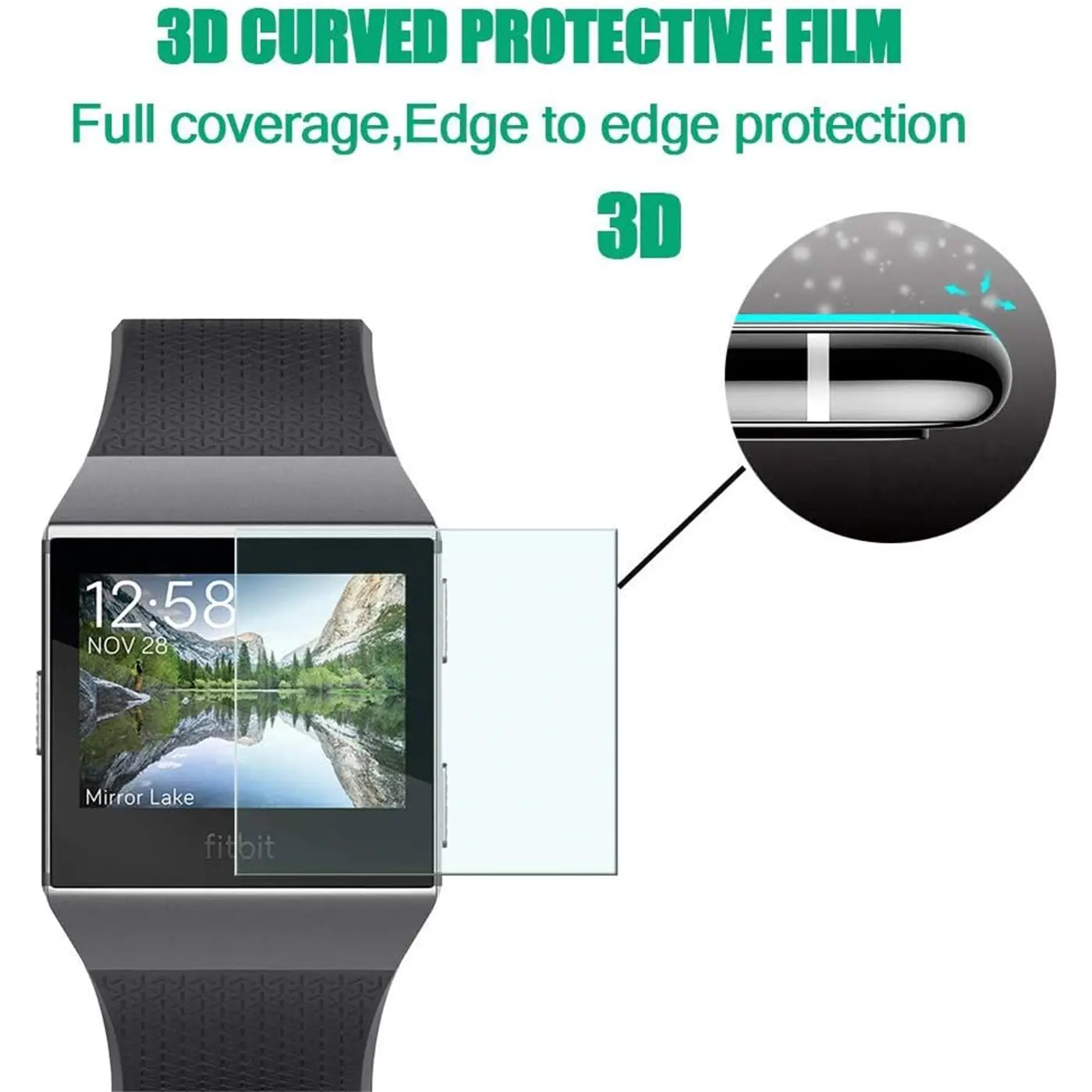 Transparente Schutzfolie aus Kunststoff auf dem Display einer schwarzen Fitbit Smartwatch, frontal. Detailansicht der Folie.