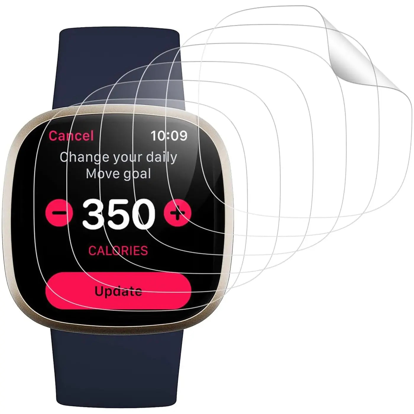 Fitbit Smartwatch mit blauem Armband und goldenem Gehäuse, von vorne, daneben 6 transparente Schutzfolien.