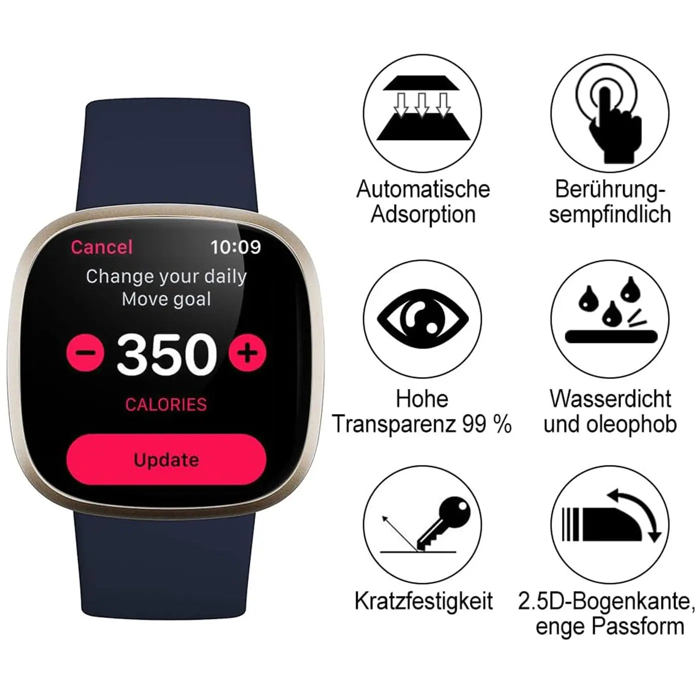 Fitbit Smartwatch mit dunkelblauem Band, Display zeigt Kalorienziel. Rechts Piktogramme zu Folien-Eigenschaften.
