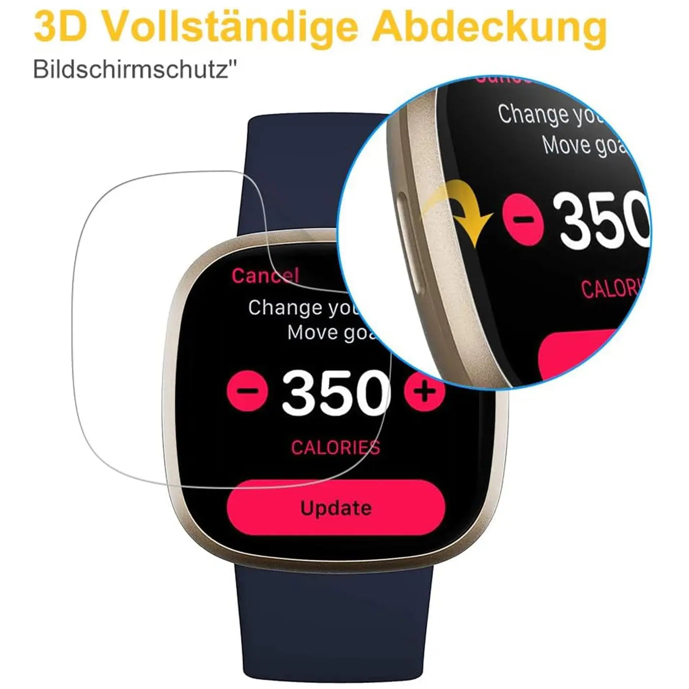 Transparente Schutzfolie auf goldener Fitbit Smartwatch mit blauem Armband, Frontalansicht, Detailansicht rechts oben.