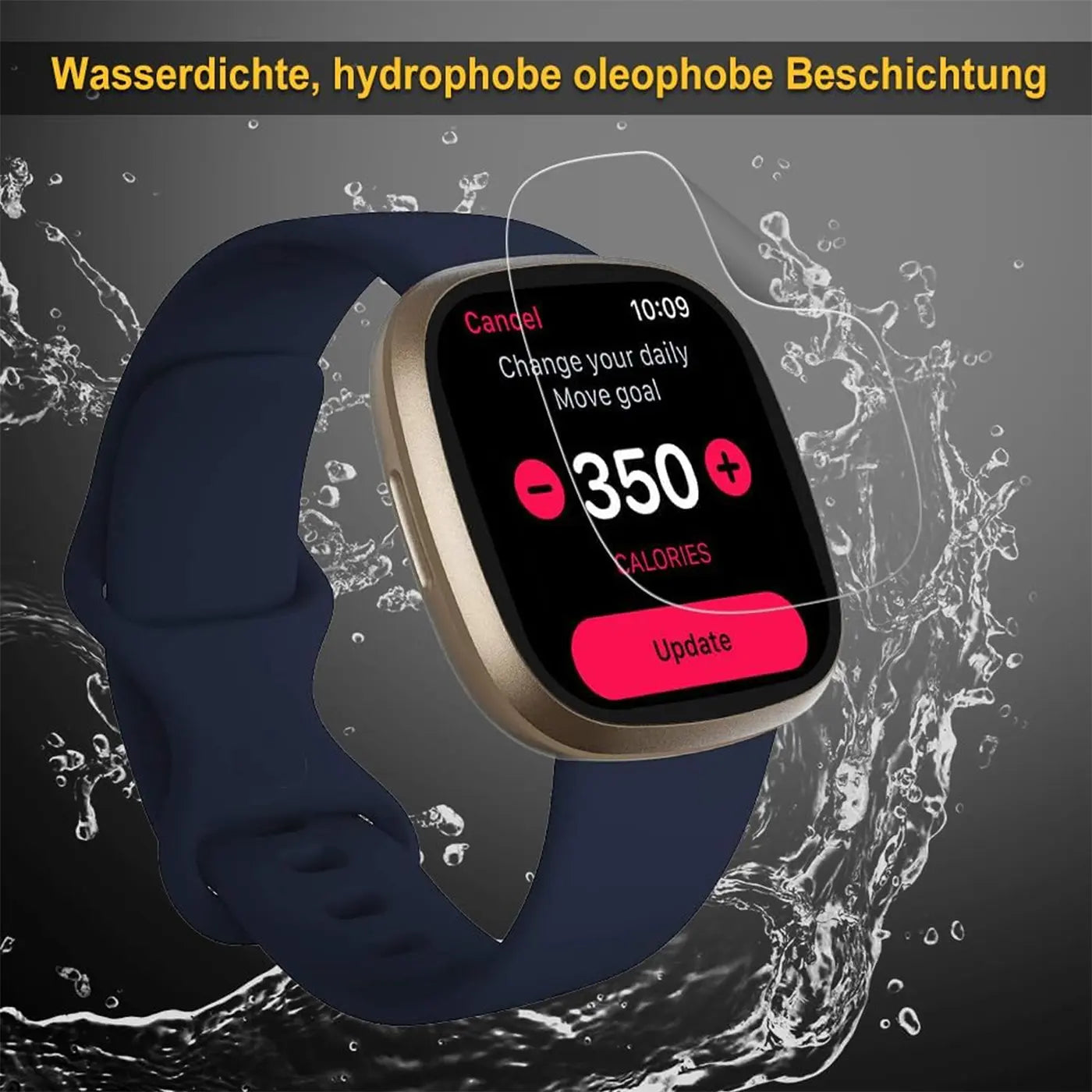 Fitbit Smartwatch mit blauem Silikonarmband und goldfarbenem Gehäuse, von oben. Eine Schutzfolie ist angedeutet.