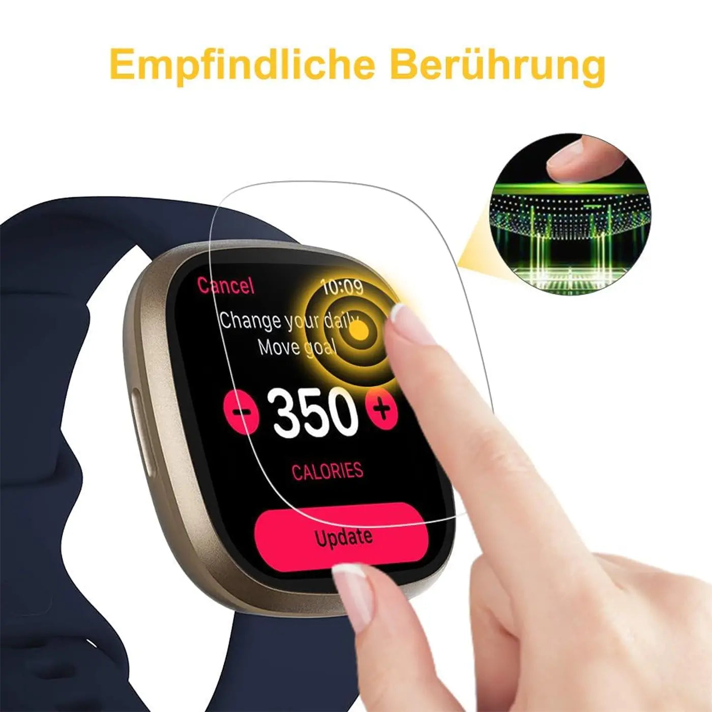 Transparente Schutzfolie auf goldener Fitbit Smartwatch mit blauem Armband, von oben rechts berührt.
