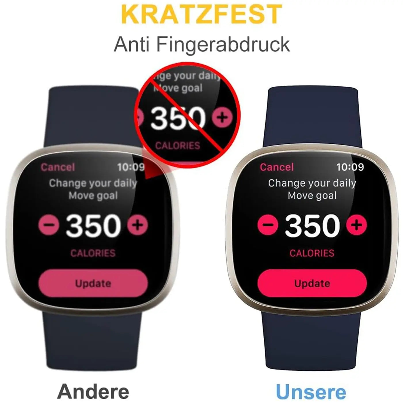 Zwei Fitbit Smartwatches mit dunkelblauem Armband, Frontalansicht. Links mit Fingerabdruck, rechts ohne.
