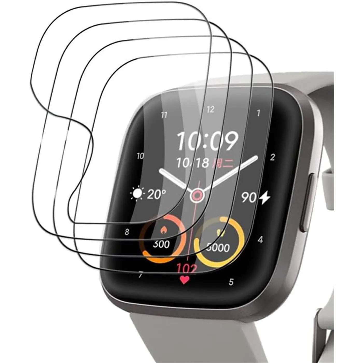 Vier transparente, flexible Schutzfolien aus TPU, über einer Fitbit Smartwatch mit grauem Armband, von oben links.