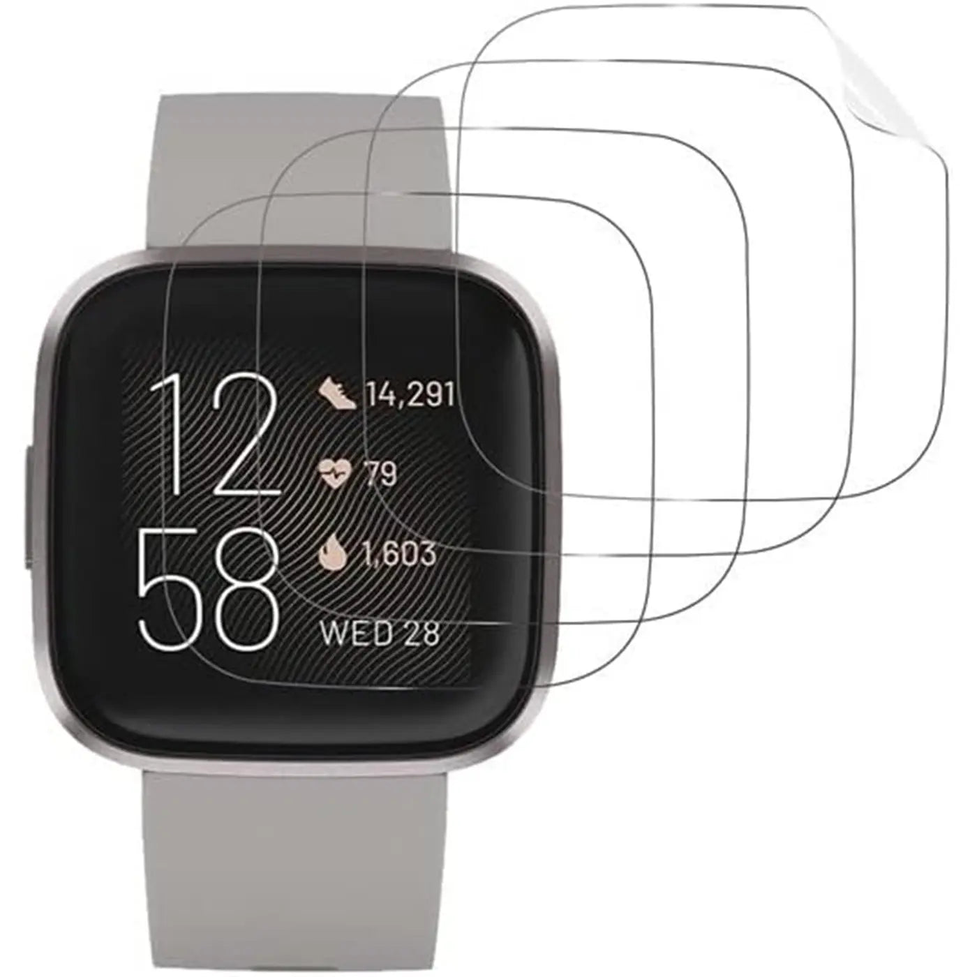 Graue Fitbit Smartwatch mit schwarzem Display, von vorne. Rechts daneben 6 transparente Schutzfolien.