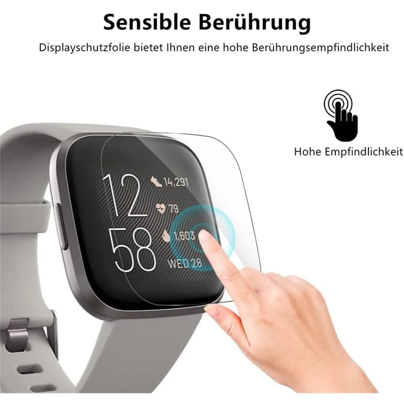 Transparente Schutzfolie auf Fitbit Smartwatch-Display, von vorne. Finger tippt auf Display.