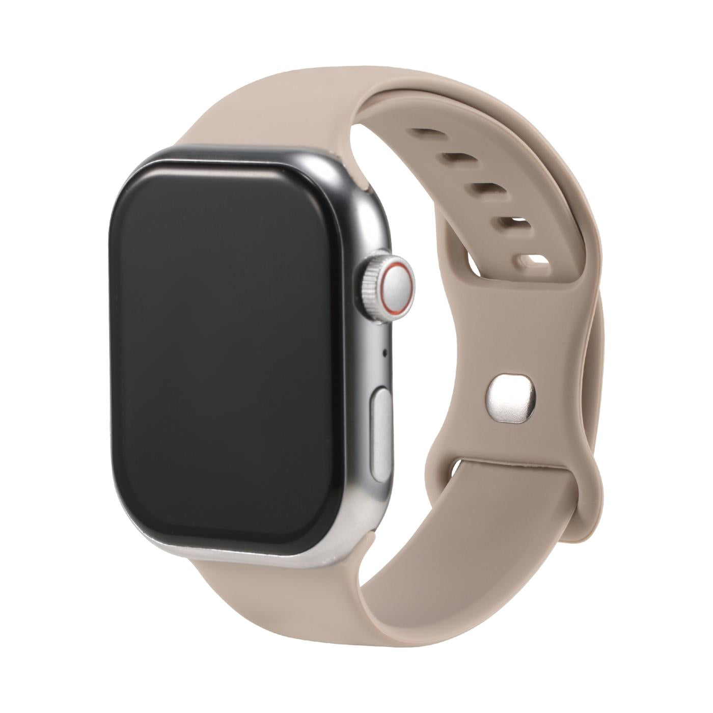 Beiges Silikonarmband mit Butterfly-Verschluss an Apple Watch, Seitenansicht.