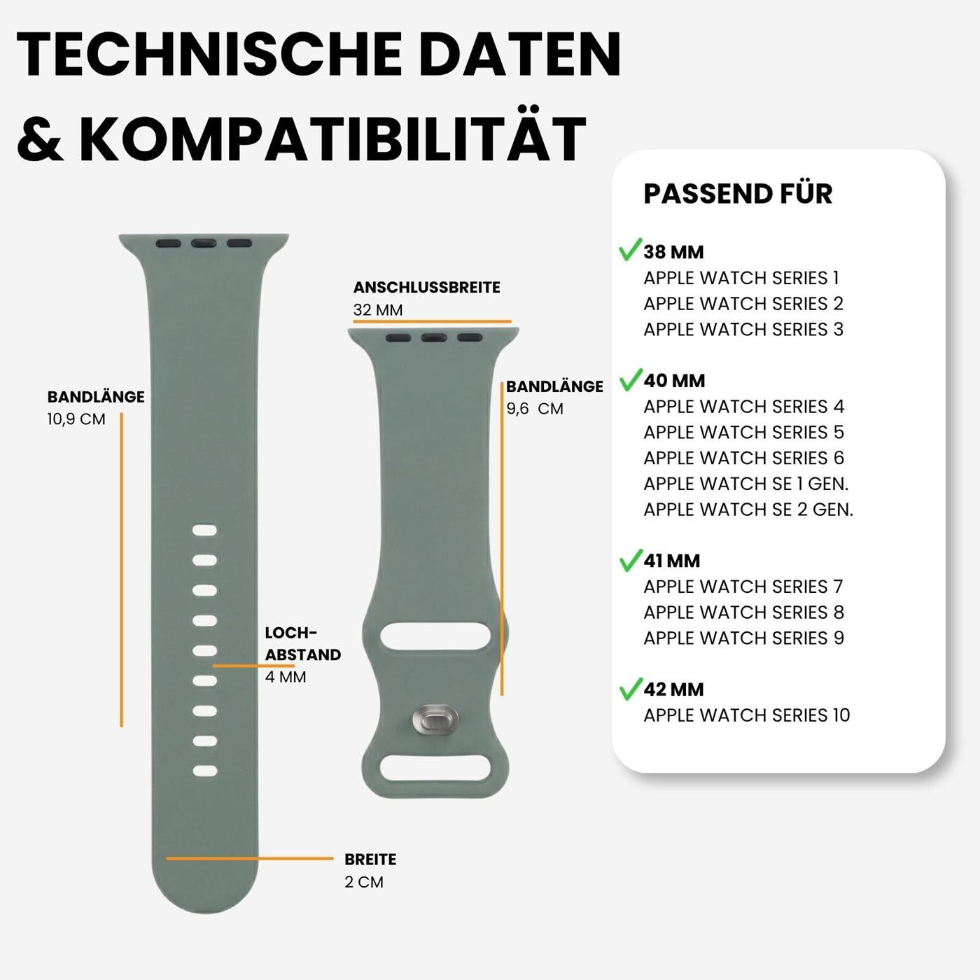 Graues Silikonarmband für Apple Watch, von vorne, mit Maßen.