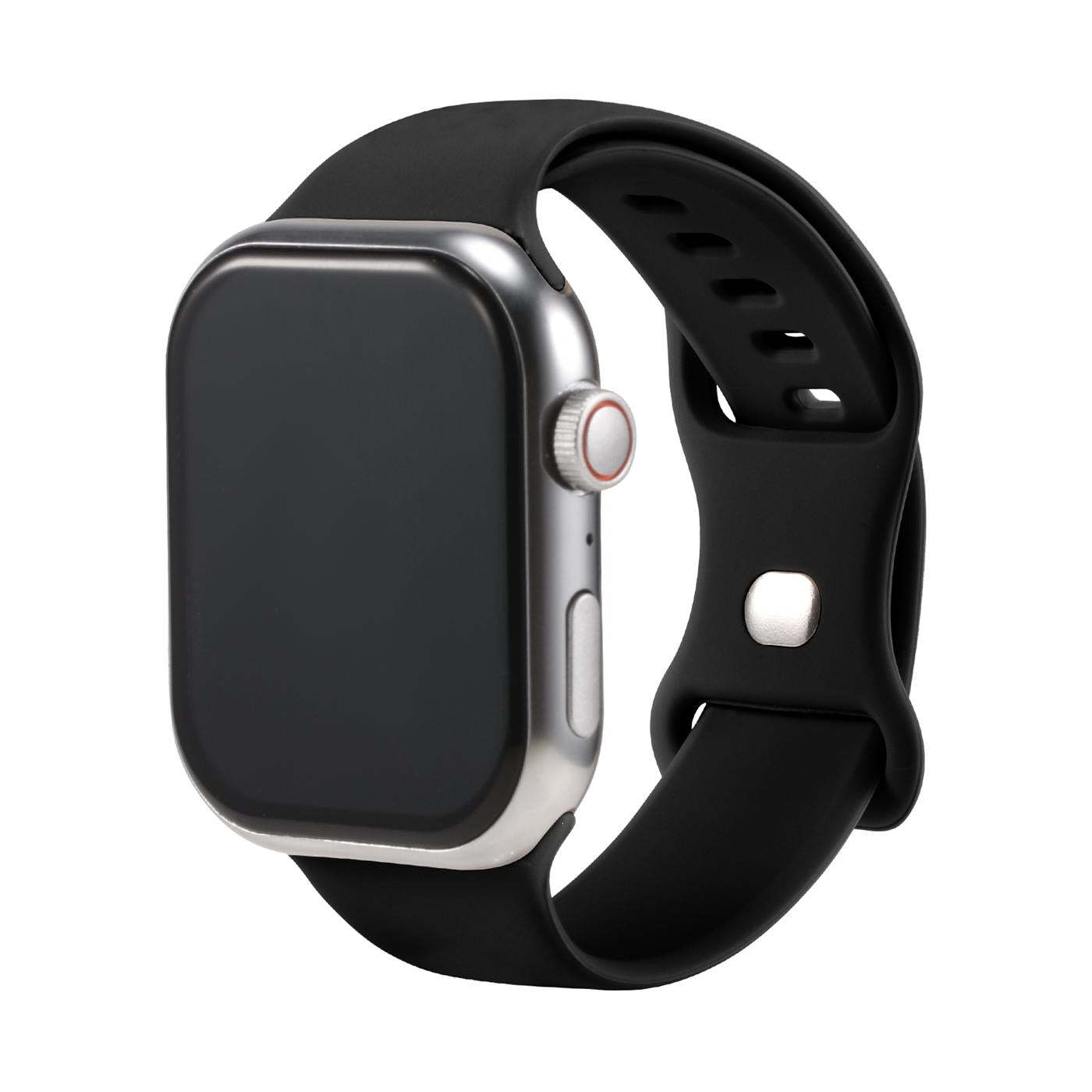Schwarzes Silikonarmband mit Butterfly-Verschluss an silberner Apple Watch, Seitenansicht.
