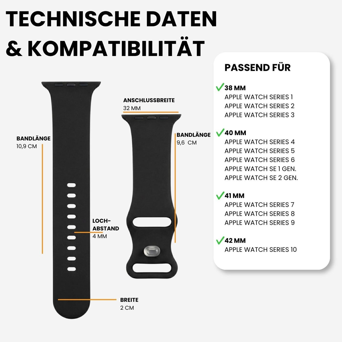 Schwarzes Silikonarmband für Apple Watch, Vorder- und Rückseite, mit Maßen