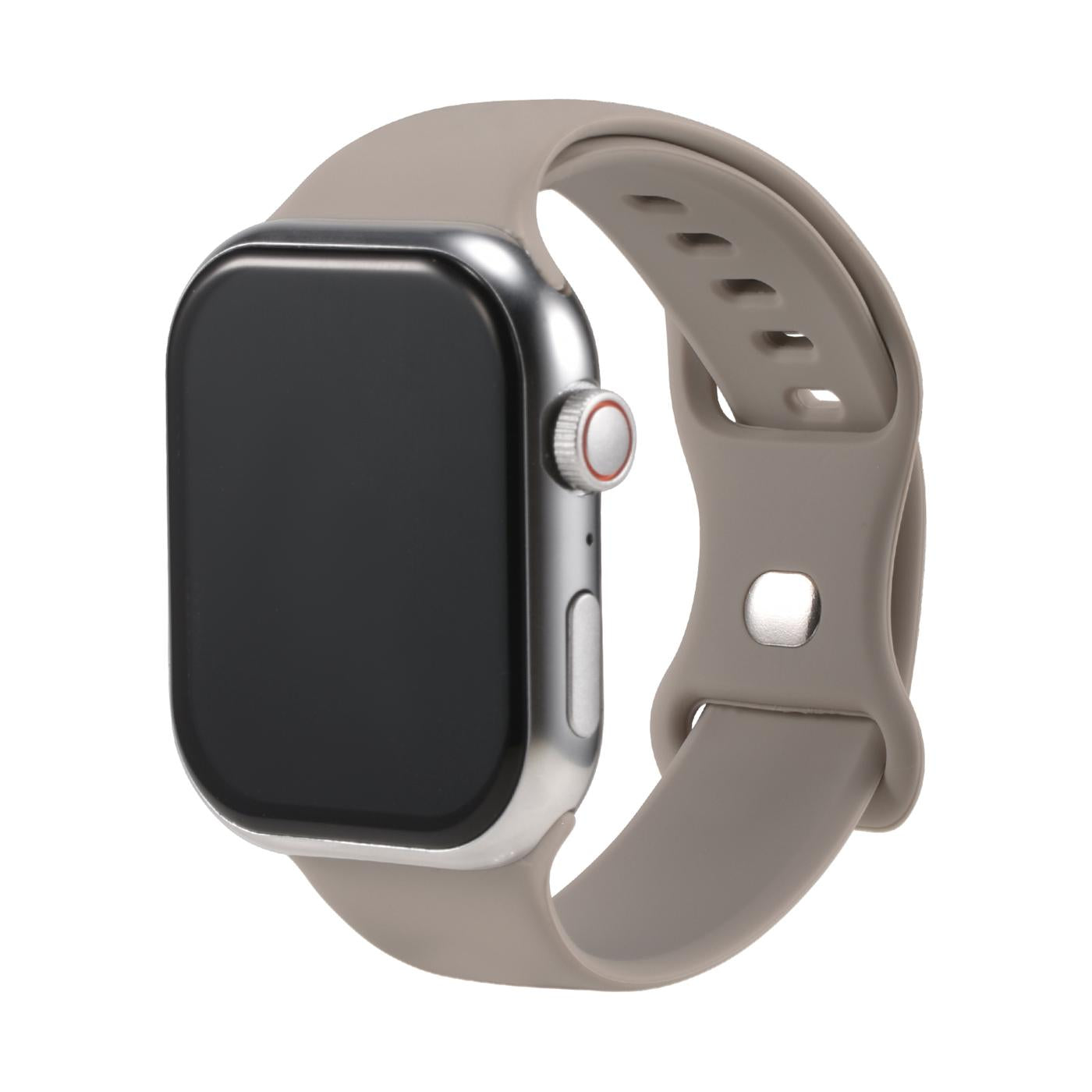 Graues Silikonarmband mit Butterfly-Verschluss an Apple Watch, Seitenansicht.